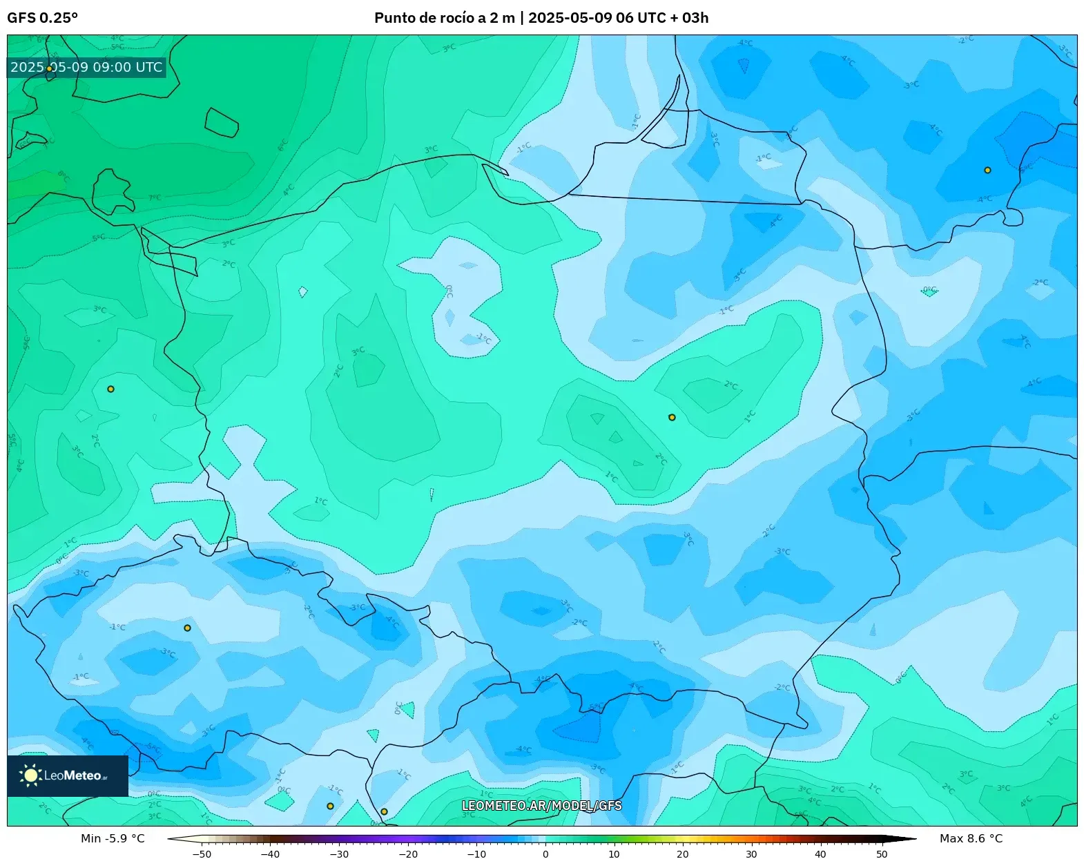 GFS - Polonia, Punto de rocío a 2 m GFS - Polonia, Punto de rocío a 2 m