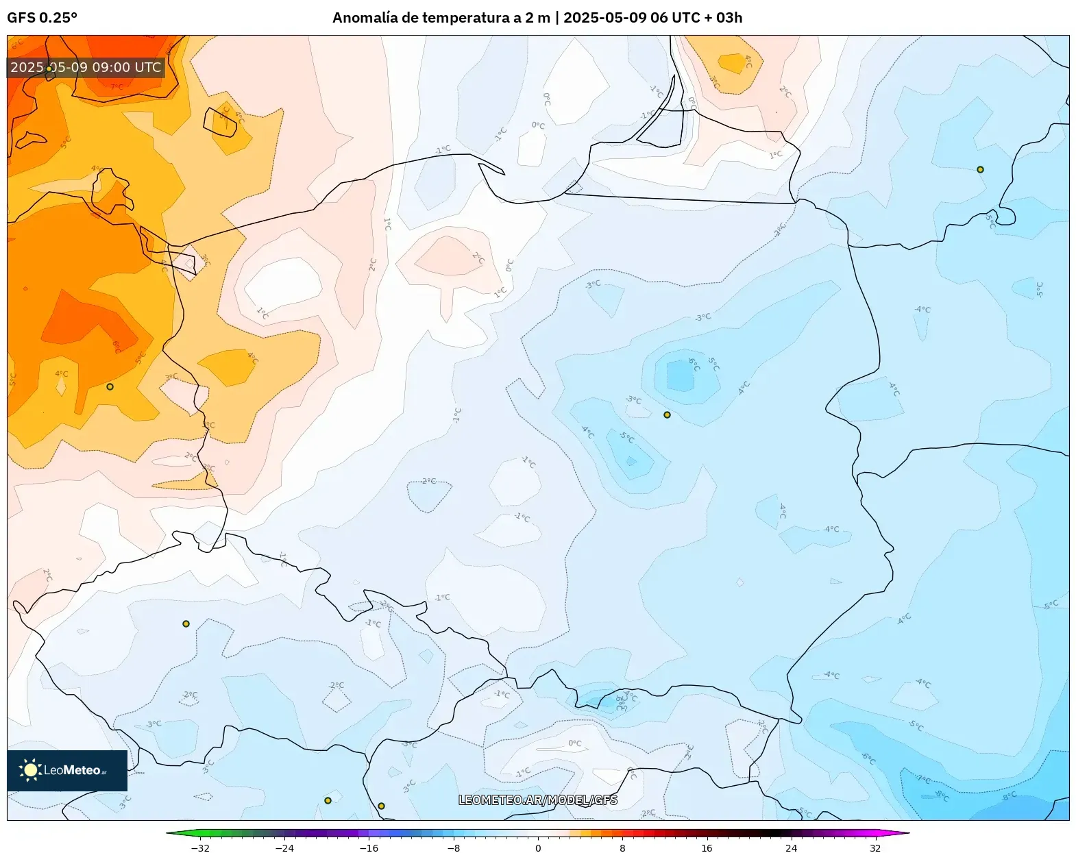 GFS - Polonia, Anomalía de temperatura a 2 m GFS - Polonia, Anomalía de temperatura a 2 m