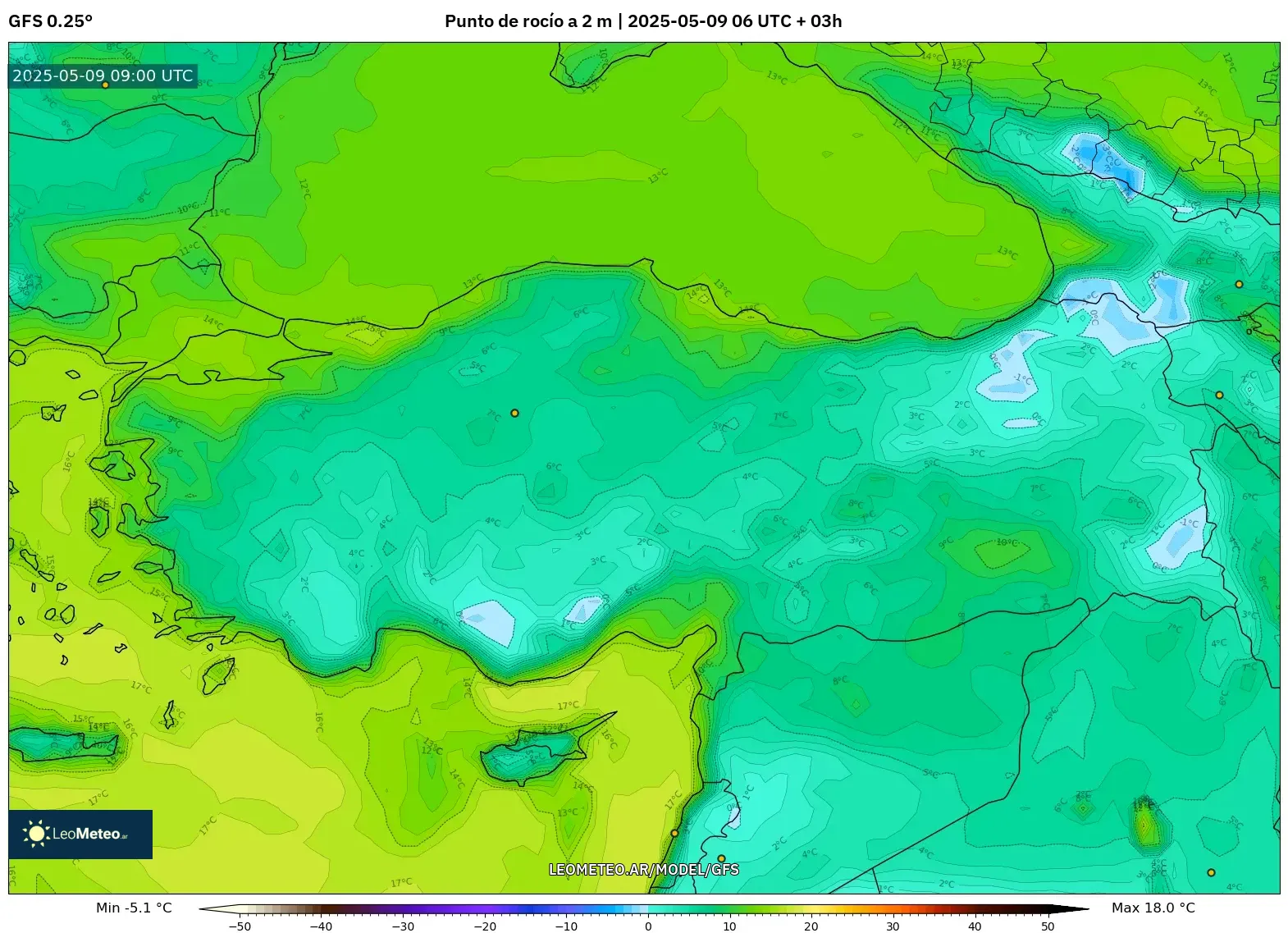 GFS - Turquía, Punto de rocío a 2 m GFS - Turquía, Punto de rocío a 2 m