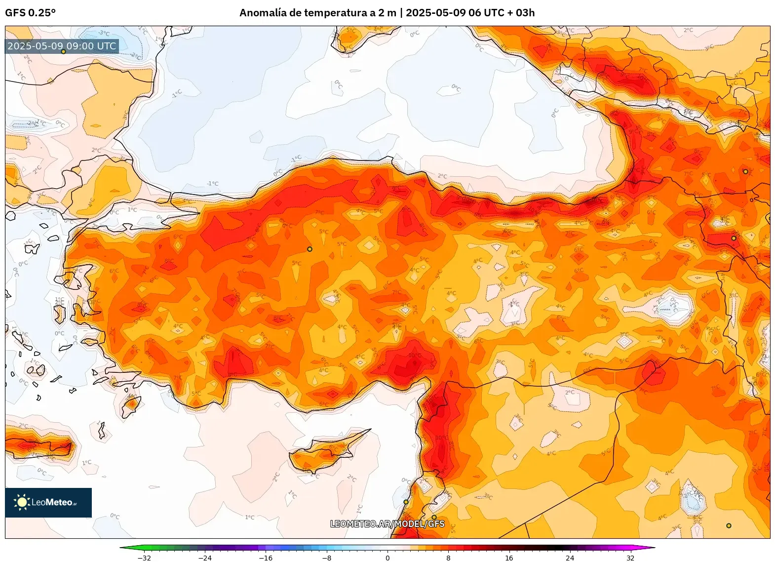 GFS - Turquía, Anomalía de temperatura a 2 m GFS - Turquía, Anomalía de temperatura a 2 m