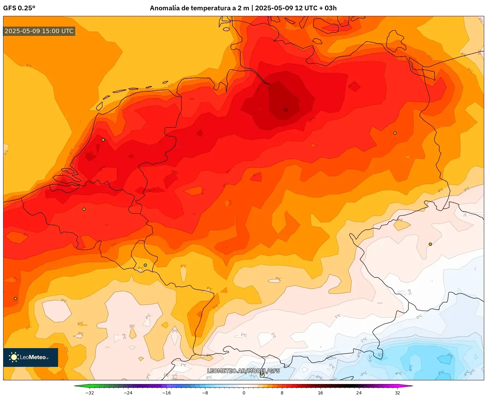 GFS - Alemania, Anomalía de temperatura a 2 m GFS - Alemania, Anomalía de temperatura a 2 m