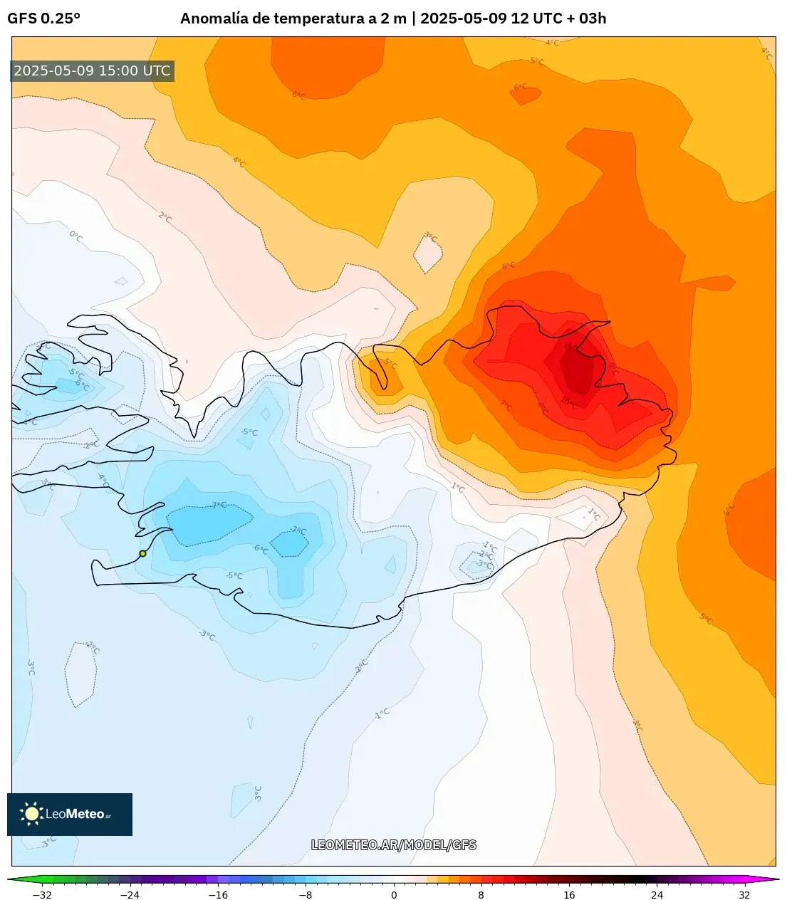 GFS - Argentina, Anomalía de temperatura a 2 m GFS - Argentina, Anomalía de temperatura a 2 m
