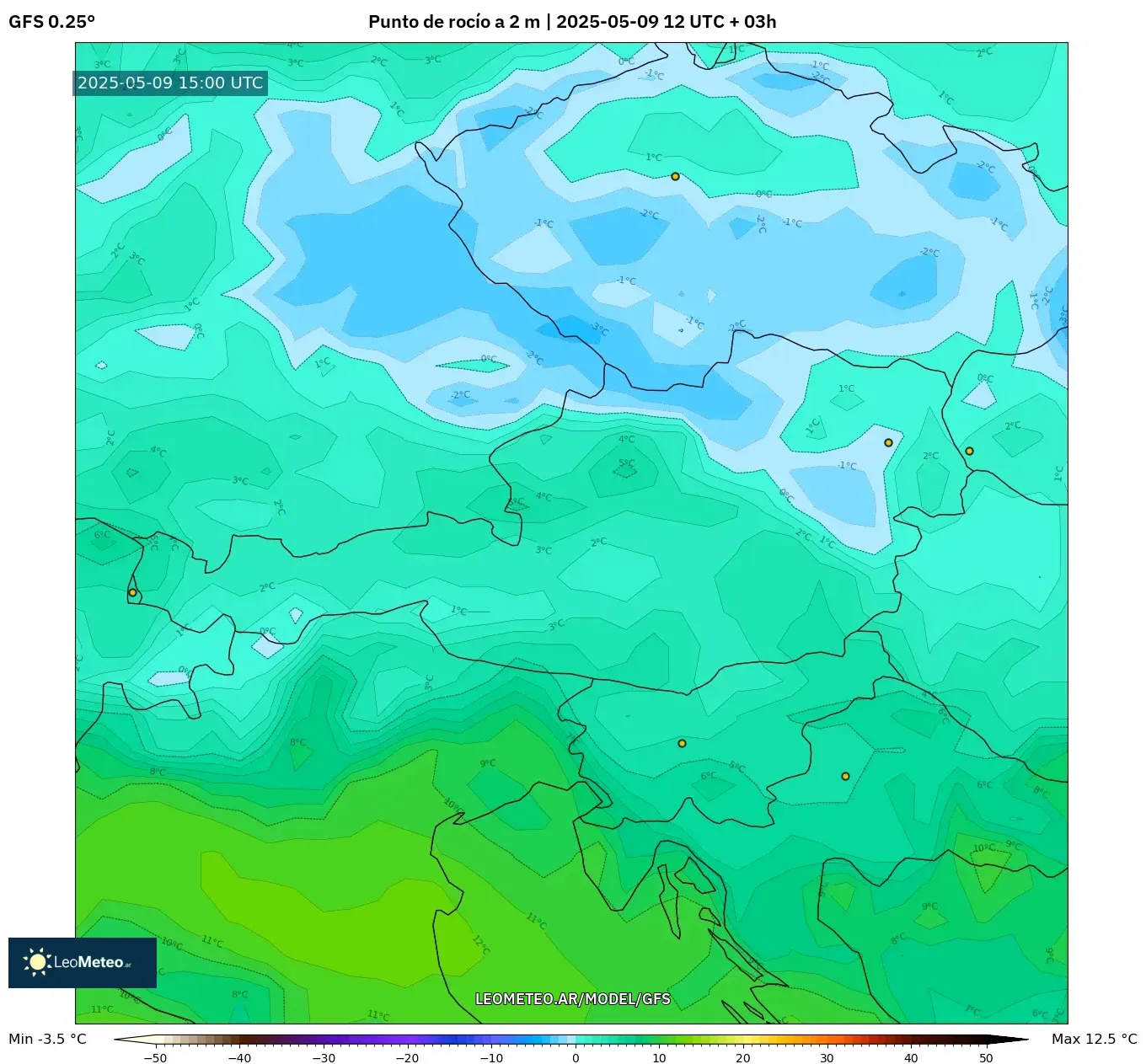 GFS - Austria, Punto de rocío a 2 m GFS - Austria, Punto de rocío a 2 m