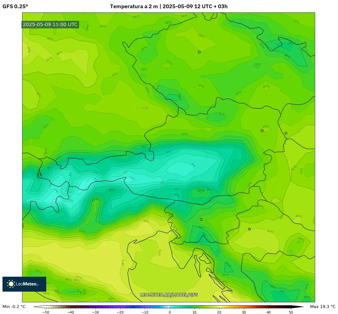 GFS - Austria, Temperatura a 2 m GFS - Austria, Temperatura a 2 m
