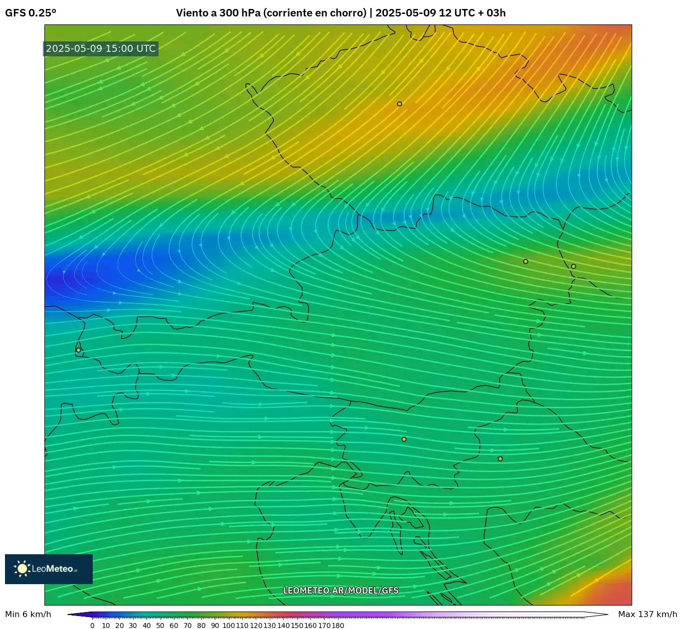 GFS - Austria, Viento a 300 hPa (corriente en chorro) GFS - Austria, Viento a 300 hPa (corriente en chorro)