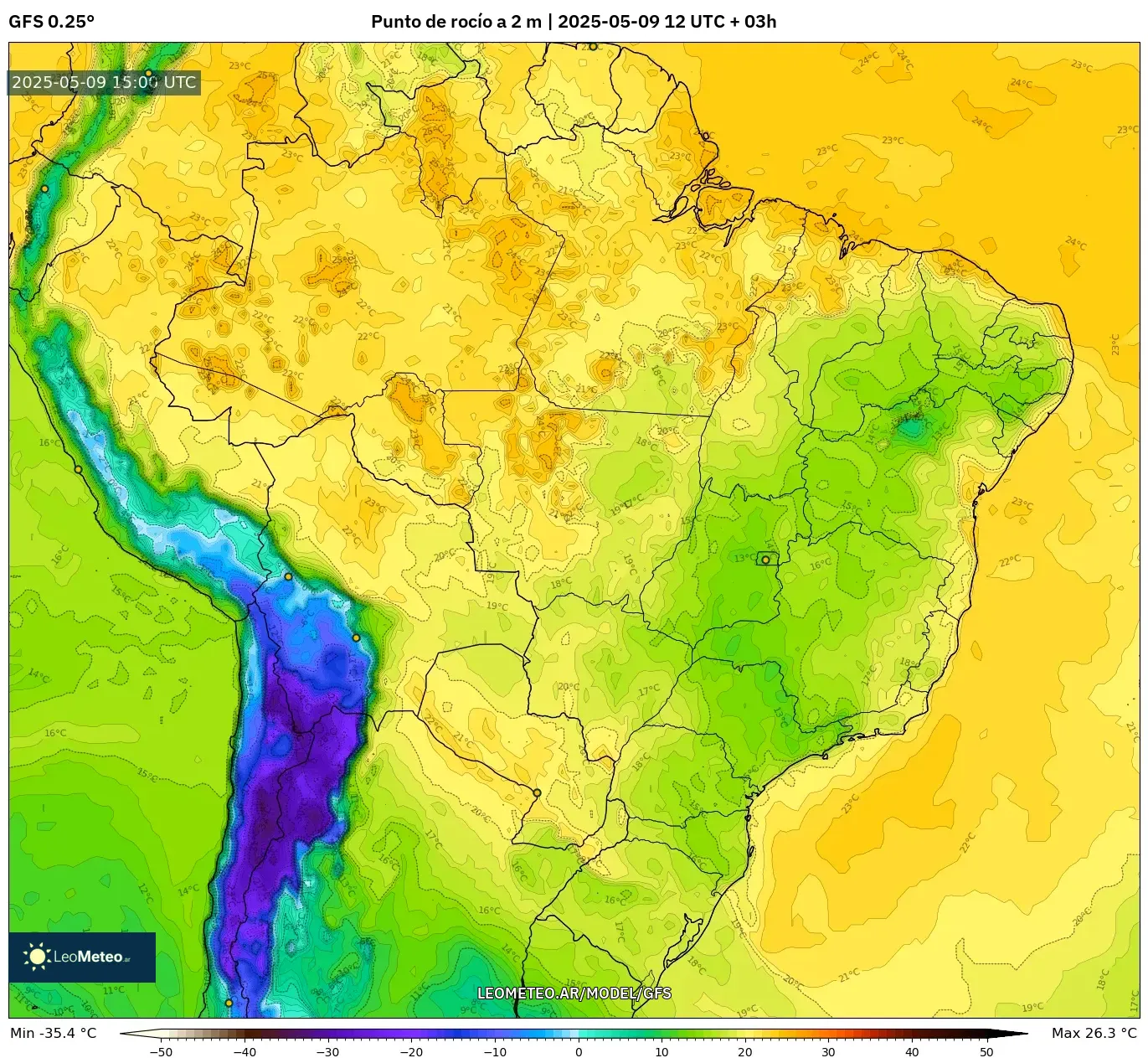 GFS - Brasil, Punto de rocío a 2 m GFS - Brasil, Punto de rocío a 2 m