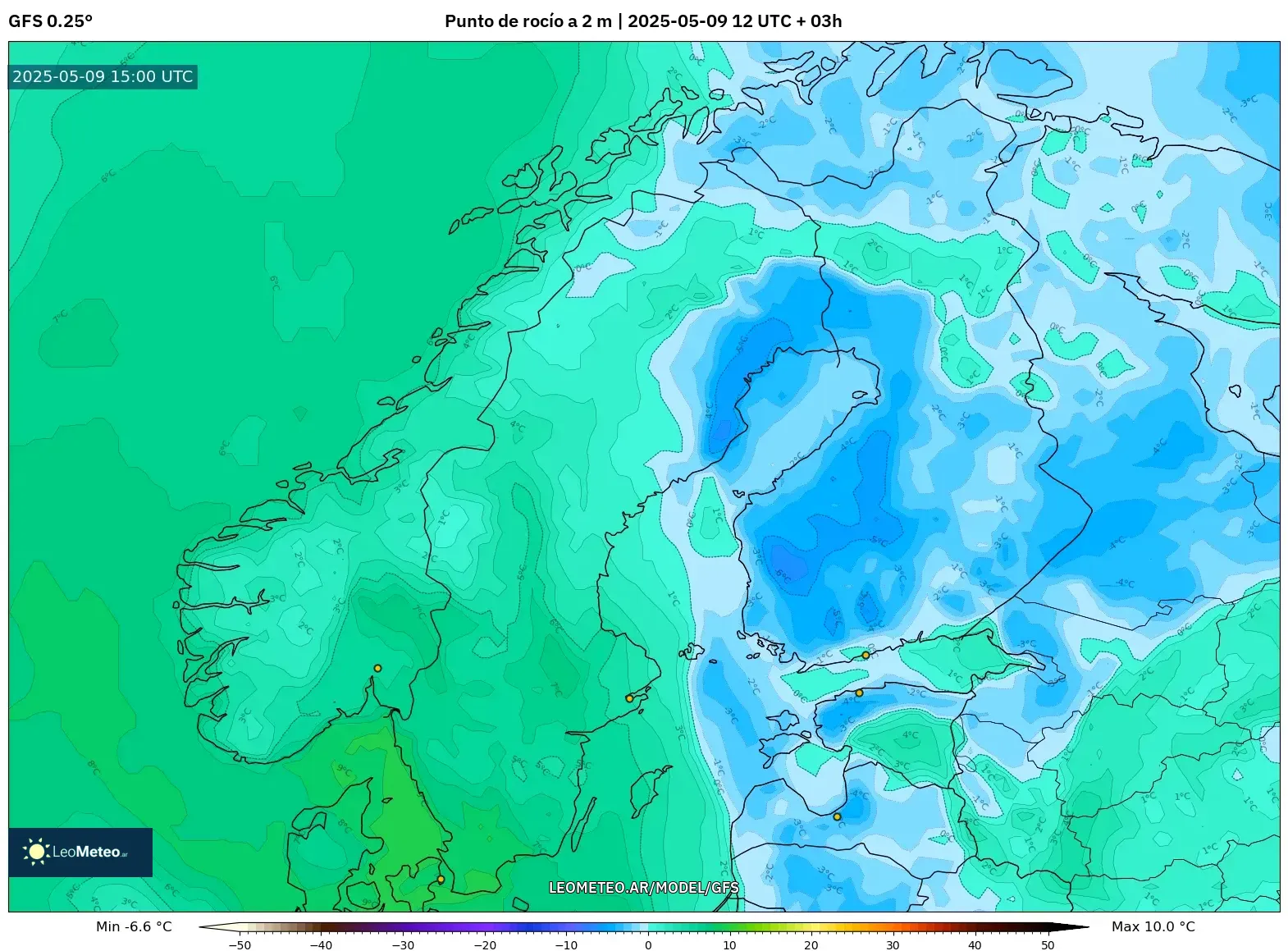 GFS - Escandinavia, Punto de rocío a 2 m GFS - Escandinavia, Punto de rocío a 2 m