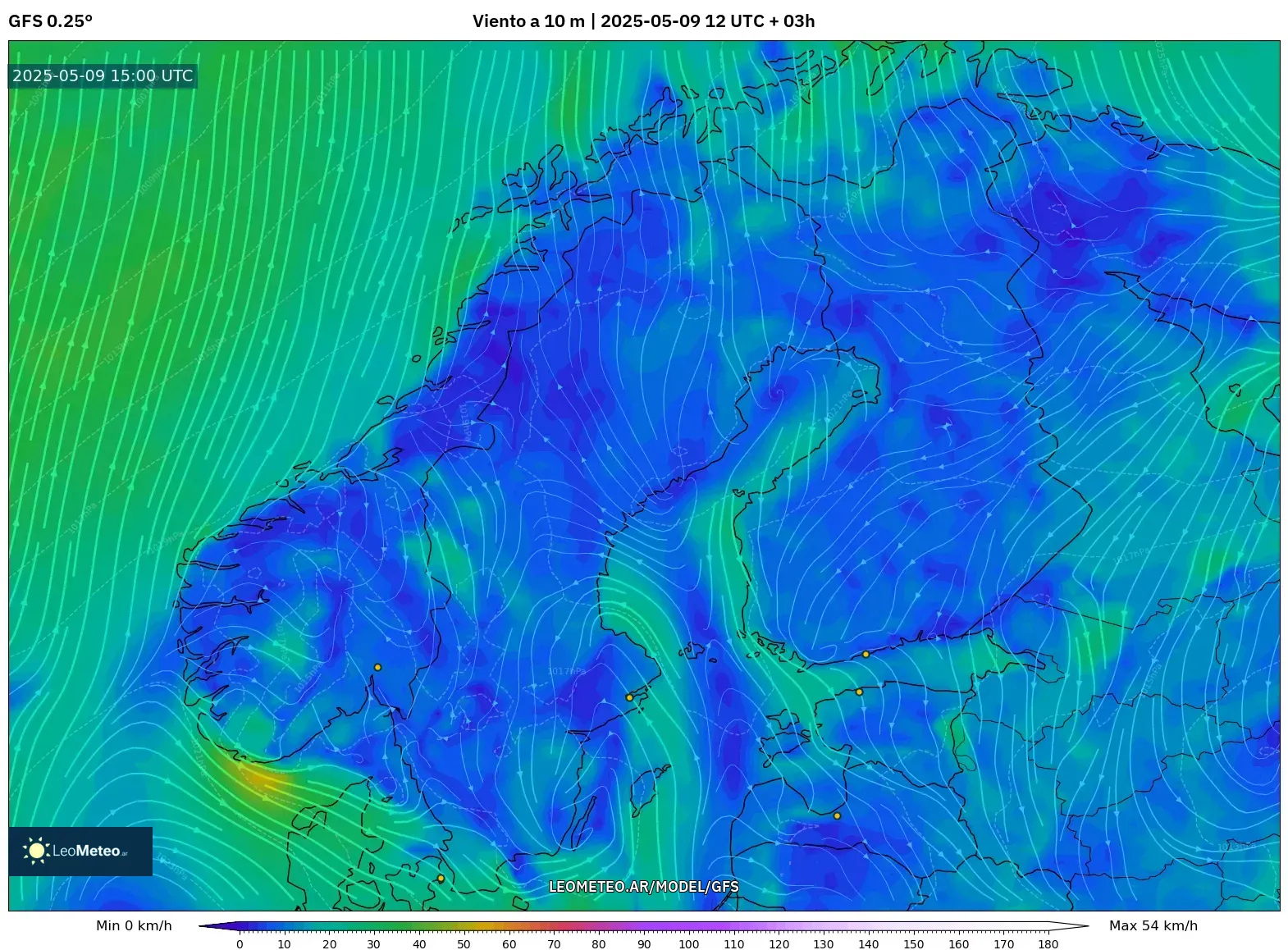 GFS - Escandinavia, Viento a 10 m GFS - Escandinavia, Viento a 10 m