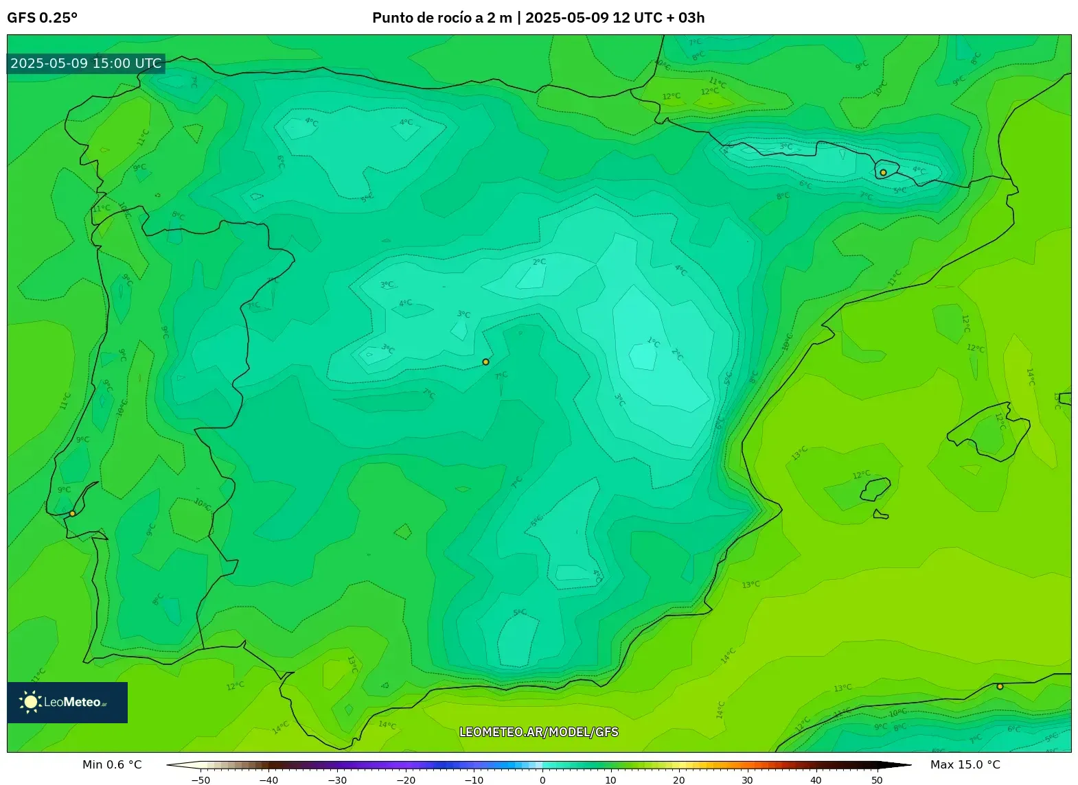 GFS - España, Punto de rocío a 2 m GFS - España, Punto de rocío a 2 m