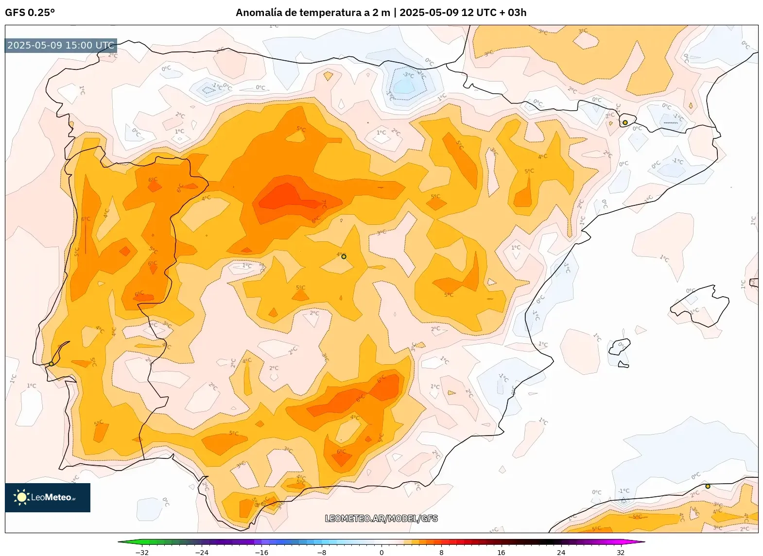 GFS - España, Anomalía de temperatura a 2 m GFS - España, Anomalía de temperatura a 2 m