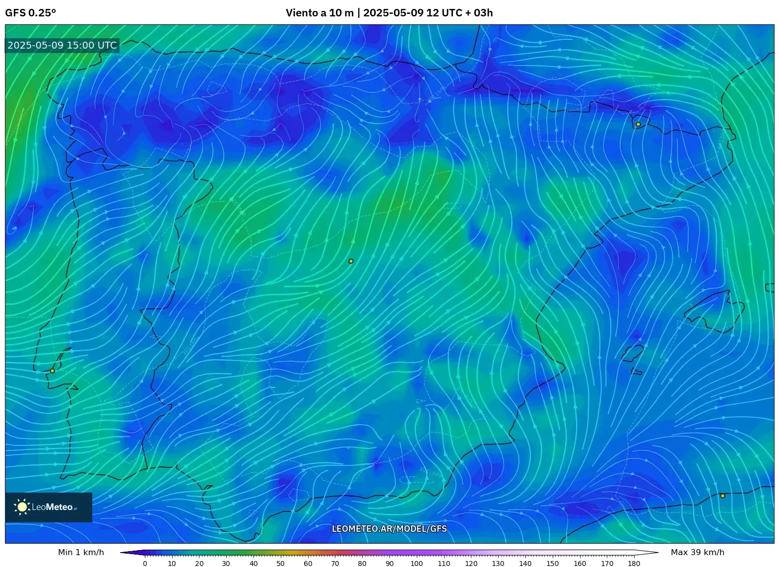 GFS - España, Viento a 10 m GFS - España, Viento a 10 m