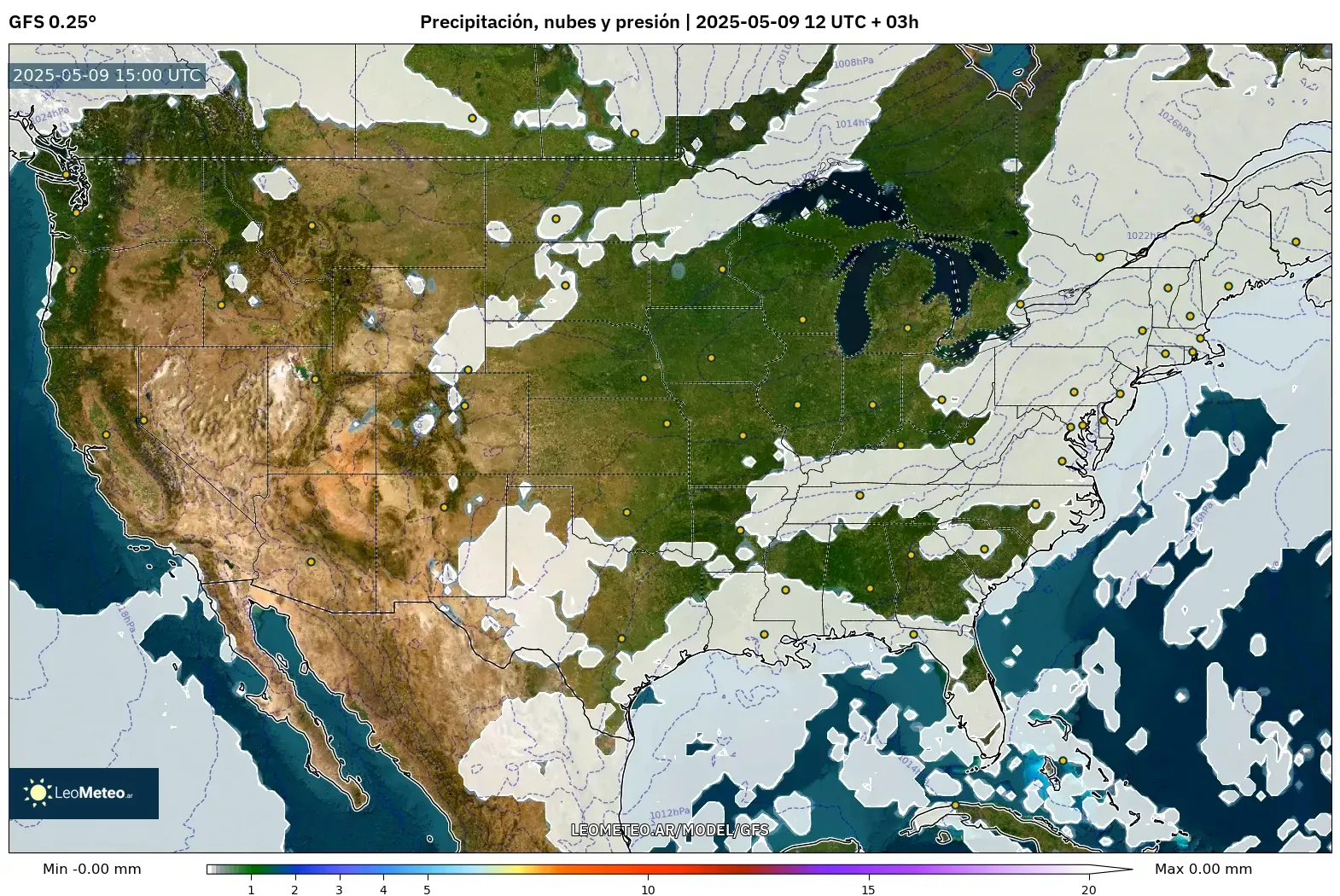 GFS - Estados Unidos, Precipitación, nubes y presión GFS - Estados Unidos, Precipitación, nubes y presión