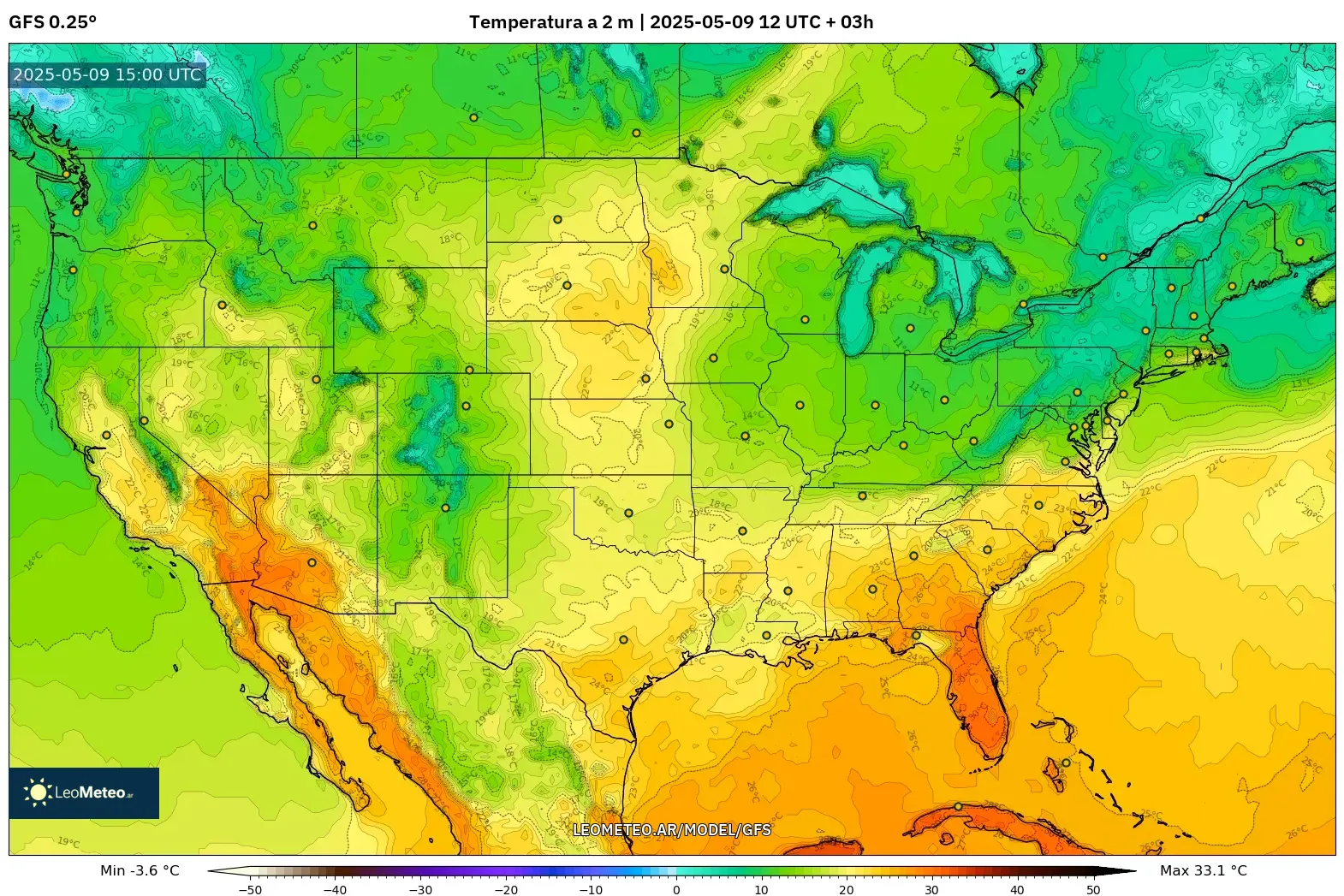 GFS - Estados Unidos, Temperatura a 2 m GFS - Estados Unidos, Temperatura a 2 m