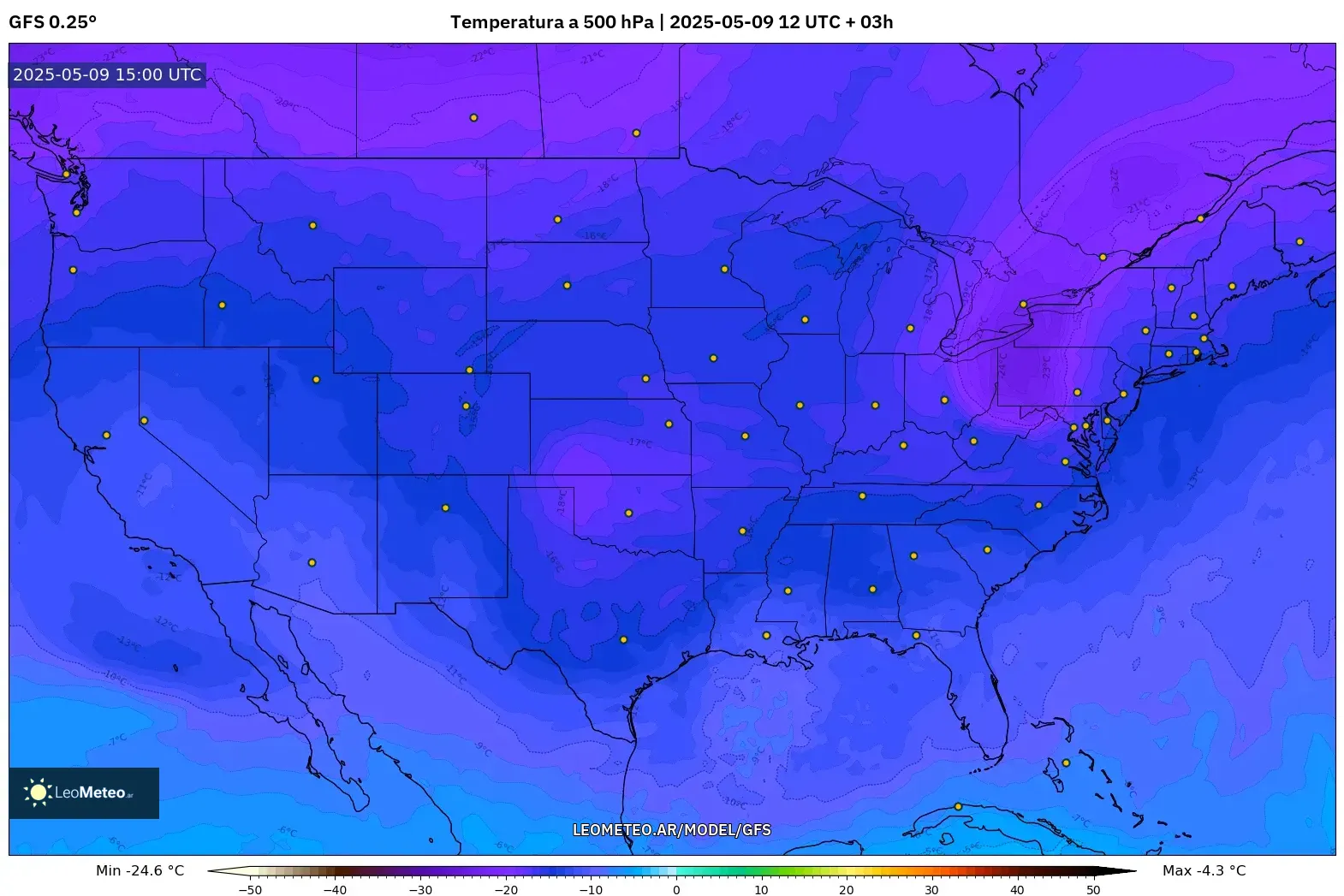 GFS - Estados Unidos, Temperatura a 500 hPa GFS - Estados Unidos, Temperatura a 500 hPa