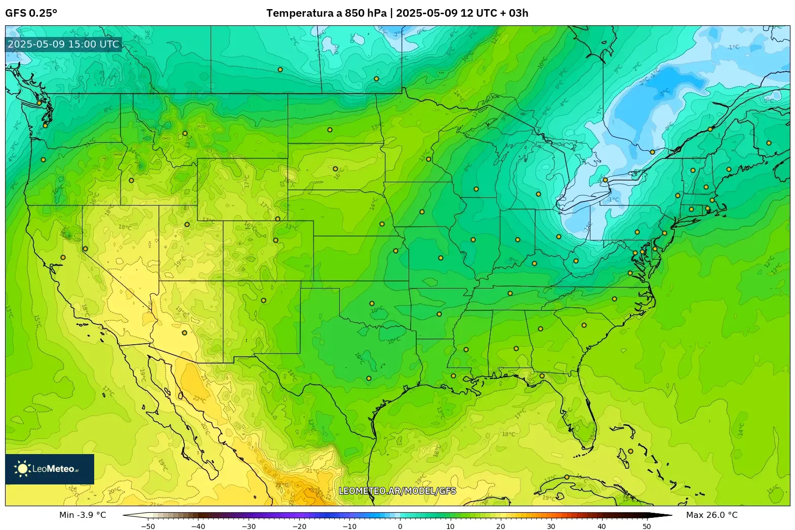 GFS - Estados Unidos, Temperatura a 850 hPa GFS - Estados Unidos, Temperatura a 850 hPa