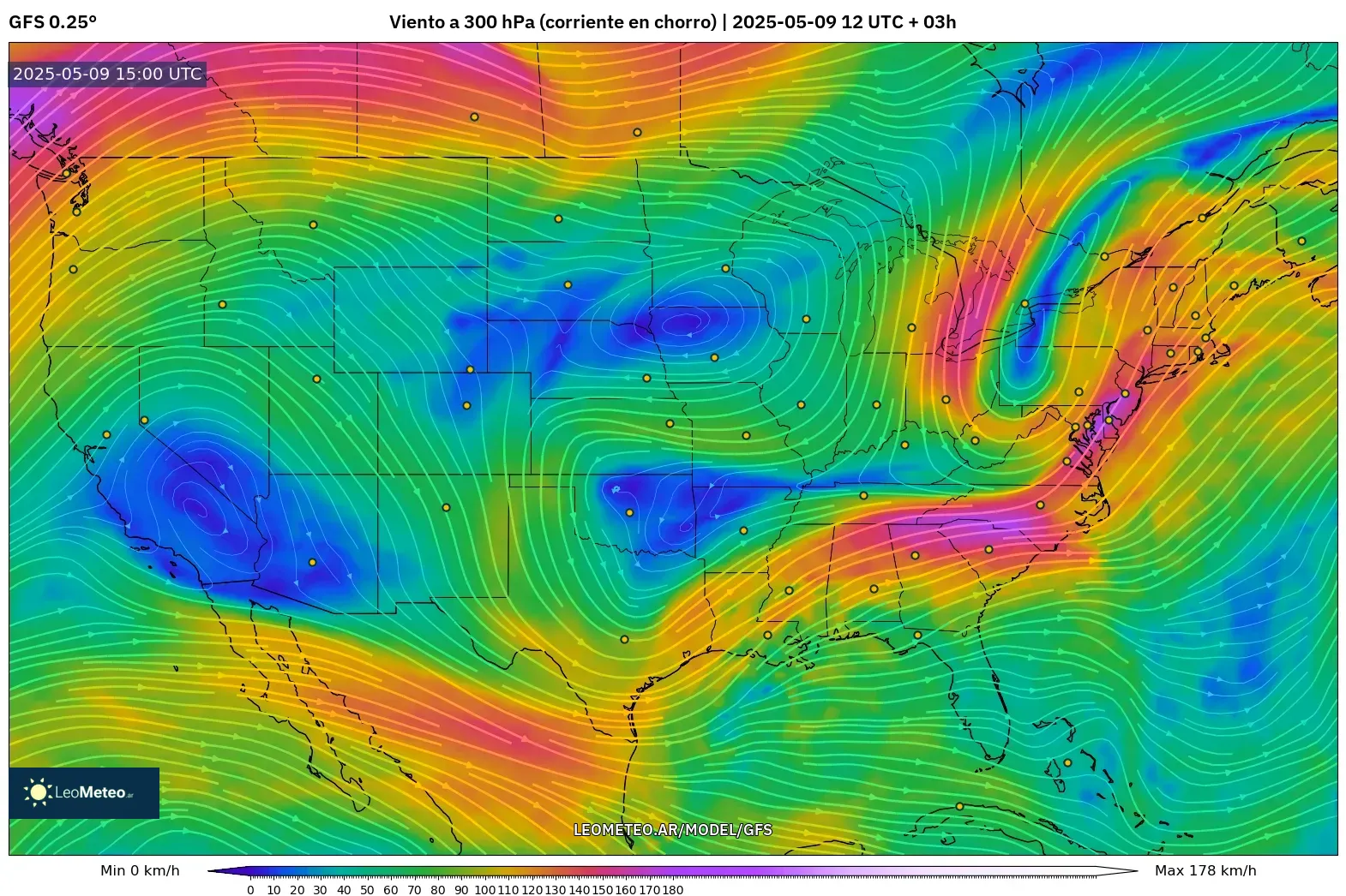 GFS - Estados Unidos, Viento a 300 hPa (corriente en chorro) GFS - Estados Unidos, Viento a 300 hPa (corriente en chorro)