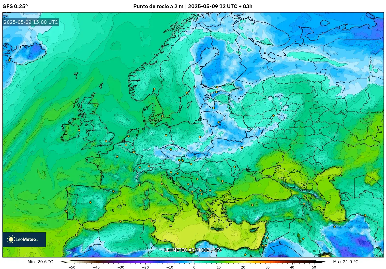 GFS - Europa, Punto de rocío a 2 m