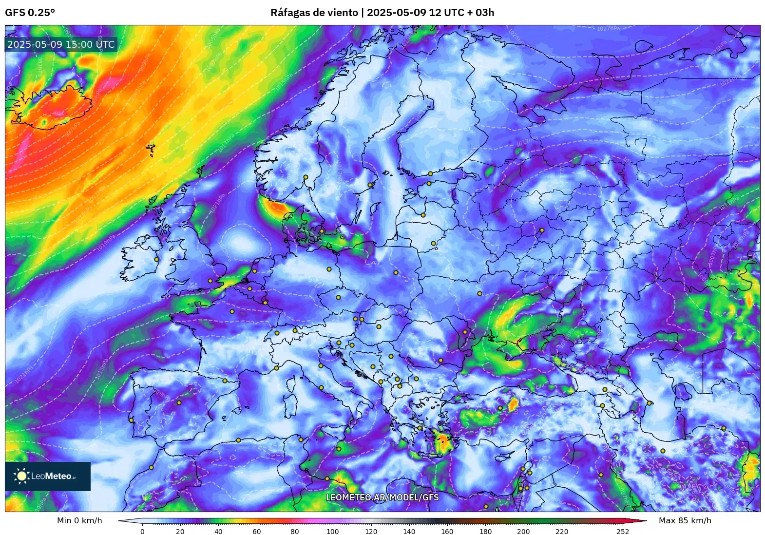 GFS - Europa, Ráfagas de viento