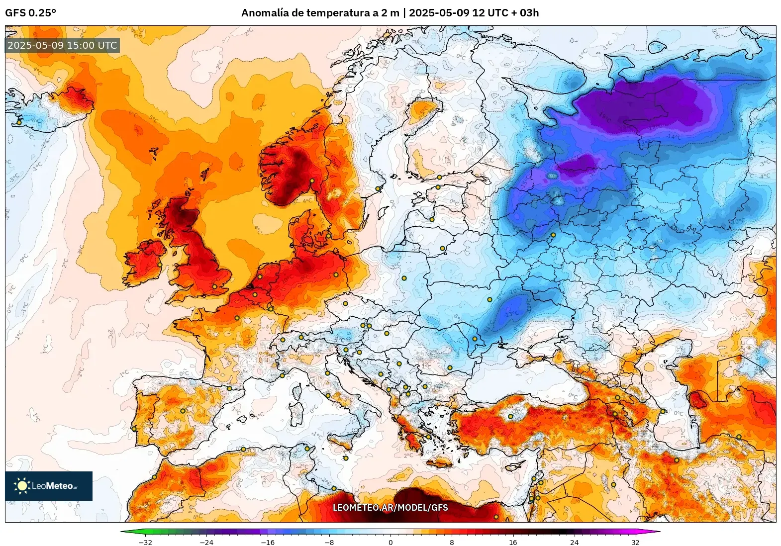 GFS - Europa, Anomalía de temperatura a 2 m