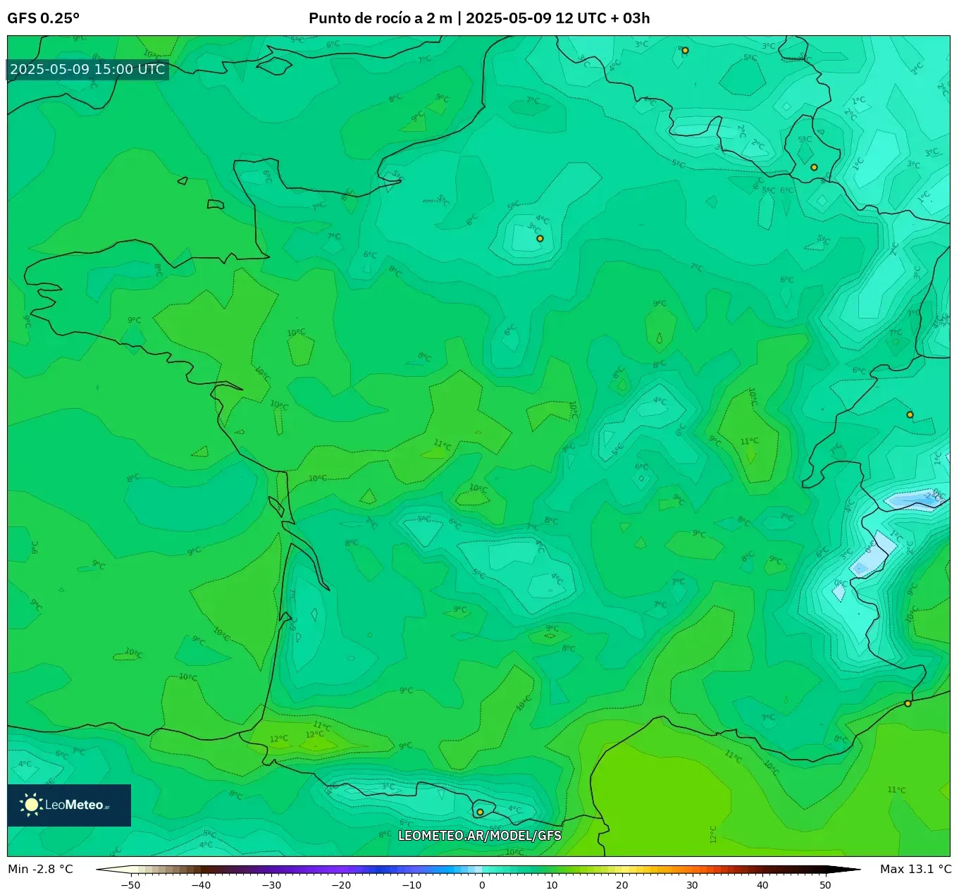 GFS - Francia, Punto de rocío a 2 m GFS - Francia, Punto de rocío a 2 m