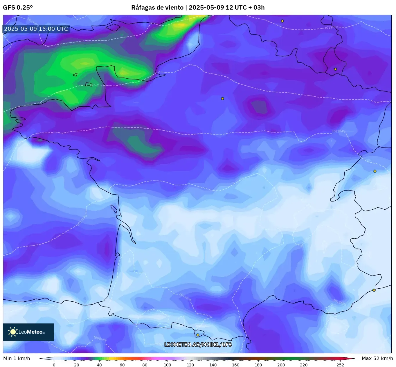 GFS - Francia, Ráfagas de viento GFS - Francia, Ráfagas de viento