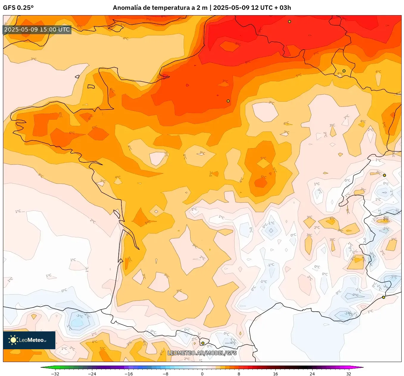 GFS - Francia, Anomalía de temperatura a 2 m GFS - Francia, Anomalía de temperatura a 2 m