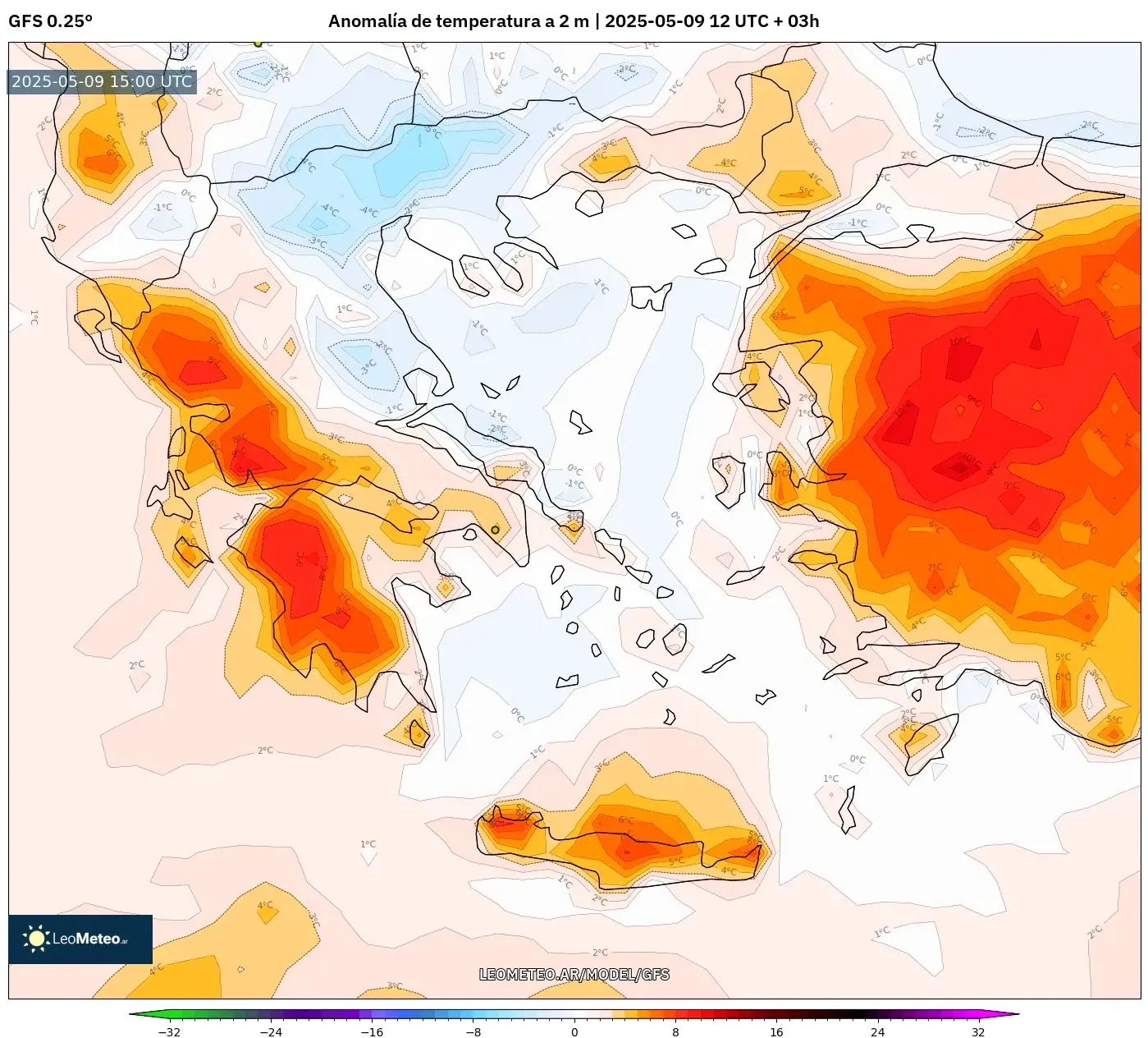 GFS - Grecia, Anomalía de temperatura a 2 m GFS - Grecia, Anomalía de temperatura a 2 m