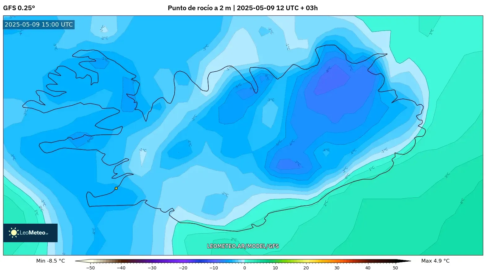 GFS - Islandia, Punto de rocío a 2 m GFS - Islandia, Punto de rocío a 2 m