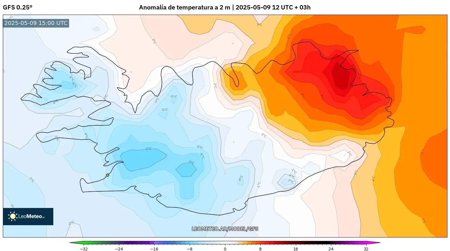 GFS - Islandia, Anomalía de temperatura a 2 m GFS - Islandia, Anomalía de temperatura a 2 m