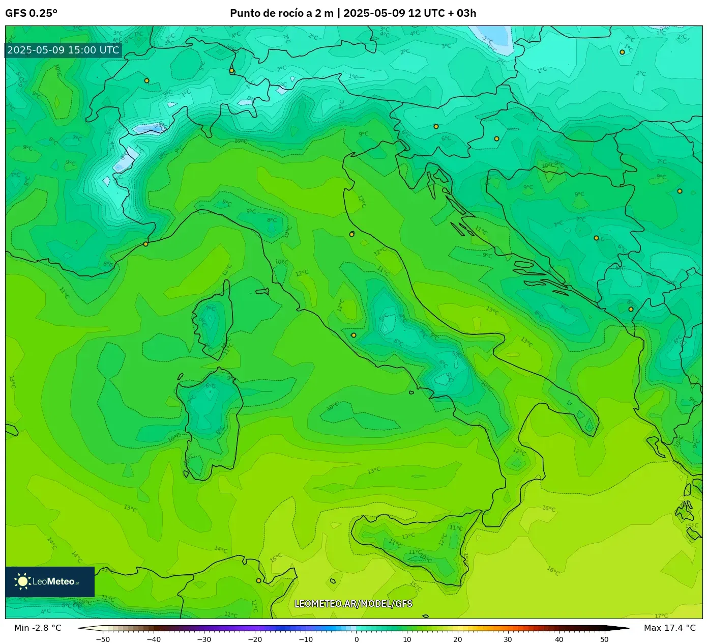 GFS - Italia, Punto de rocío a 2 m GFS - Italia, Punto de rocío a 2 m