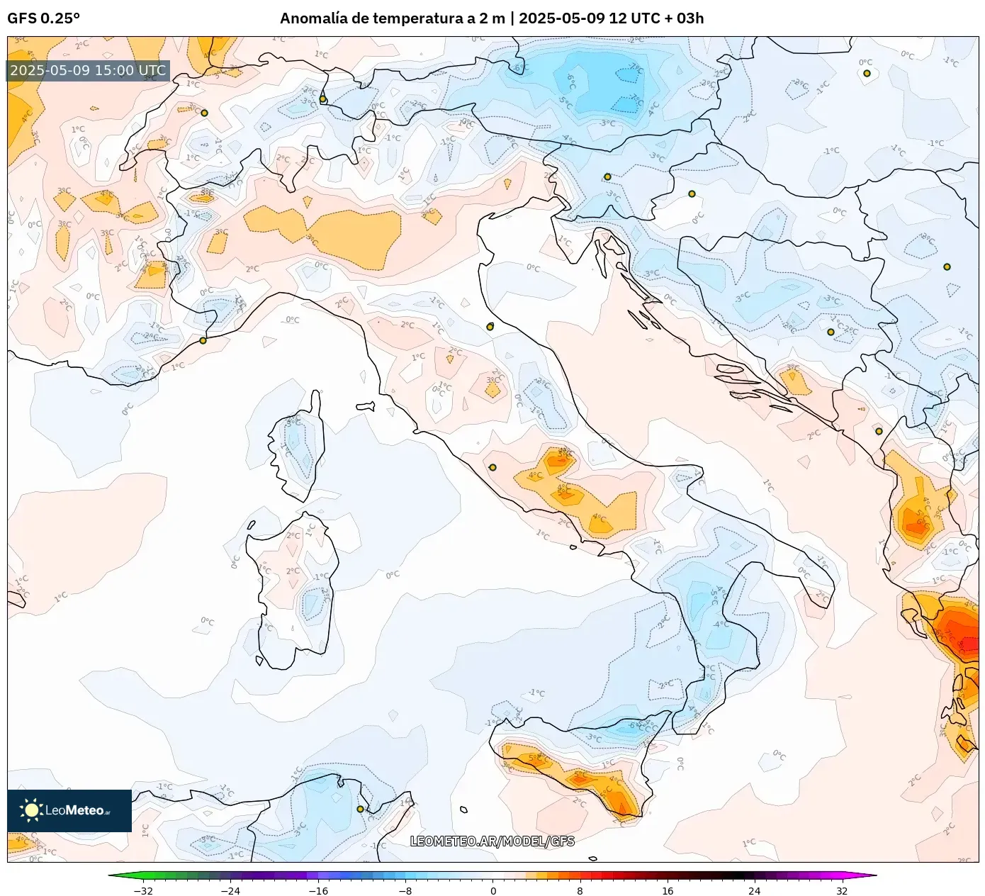 GFS - Italia, Anomalía de temperatura a 2 m GFS - Italia, Anomalía de temperatura a 2 m