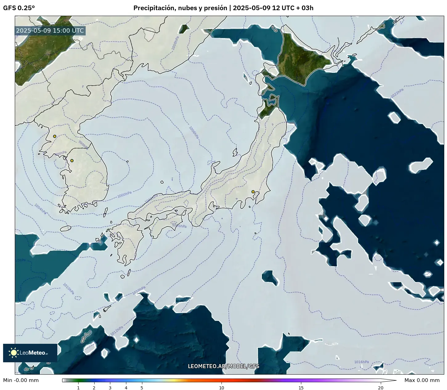 GFS - Japón, Precipitación, nubes y presión GFS - Japón, Precipitación, nubes y presión