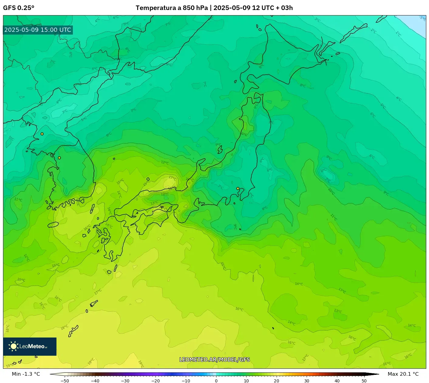 GFS - Japón, Temperatura a 850 hPa GFS - Japón, Temperatura a 850 hPa