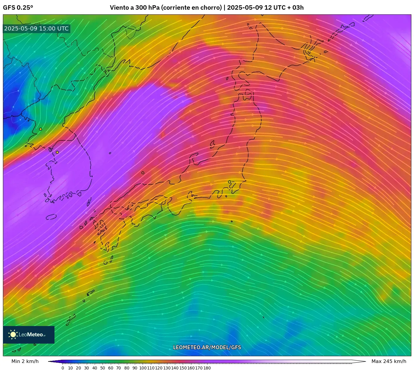 GFS - Japón, Viento a 300 hPa (corriente en chorro) GFS - Japón, Viento a 300 hPa (corriente en chorro)