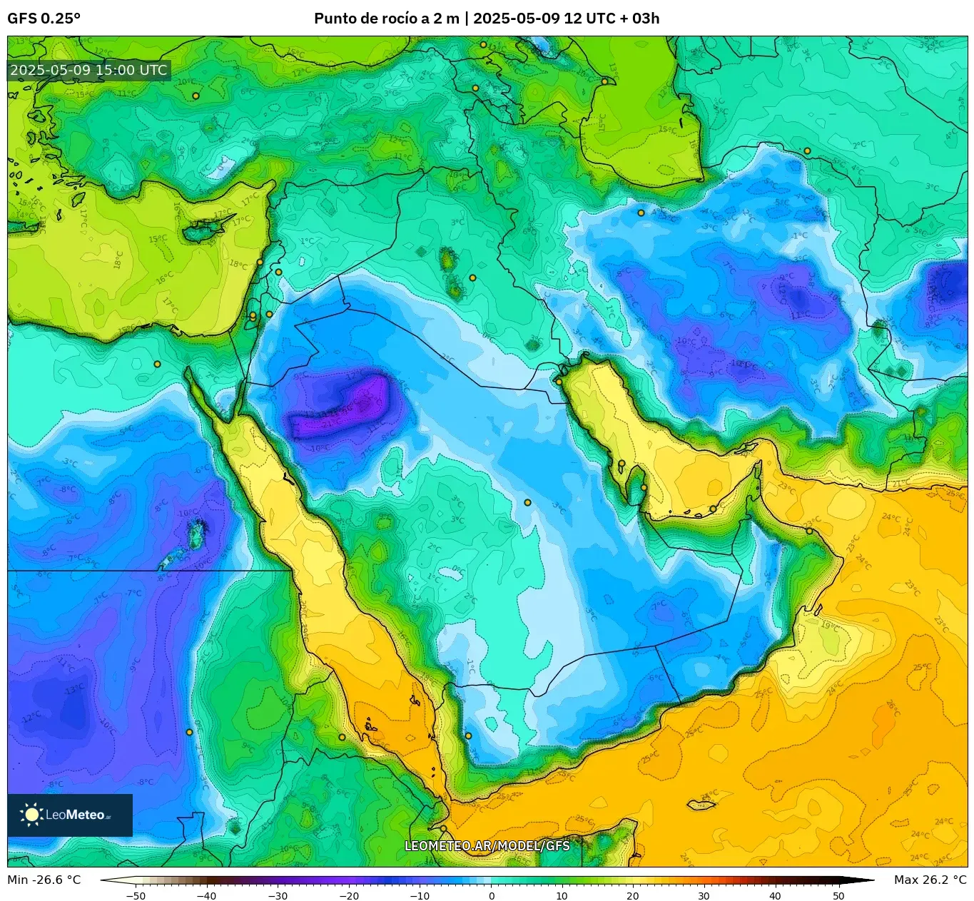 GFS - Oriente Medio, Punto de rocío a 2 m GFS - Oriente Medio, Punto de rocío a 2 m