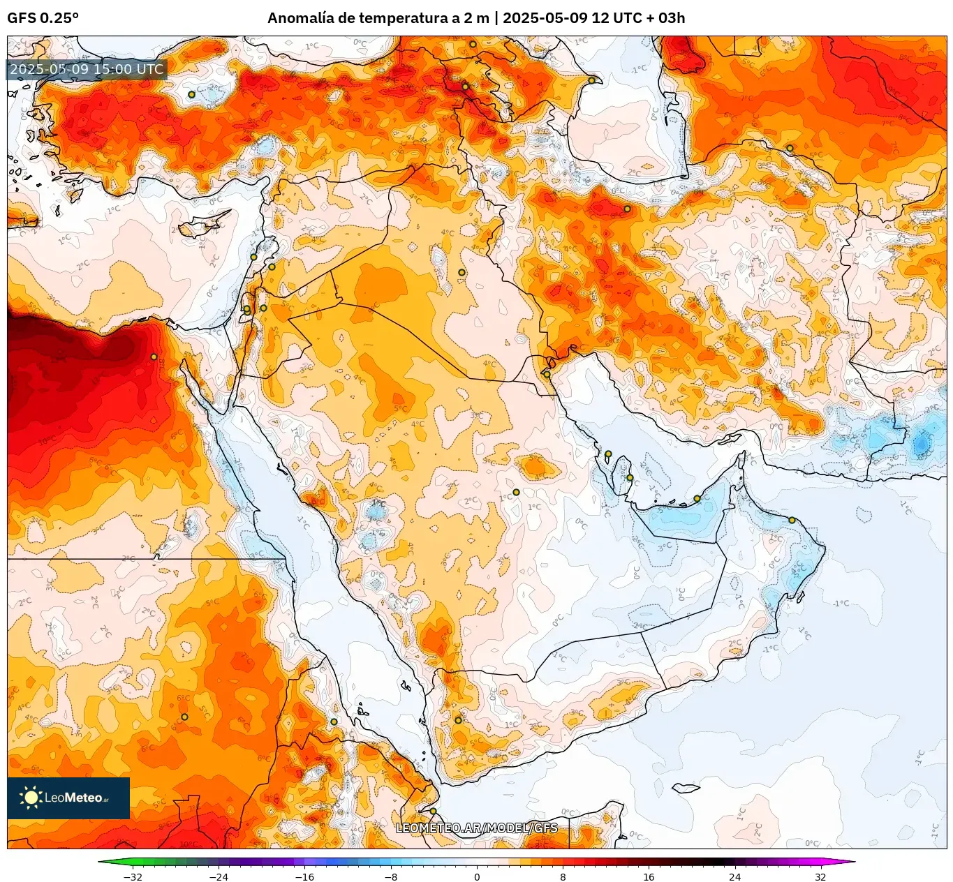 GFS - Oriente Medio, Anomalía de temperatura a 2 m GFS - Oriente Medio, Anomalía de temperatura a 2 m