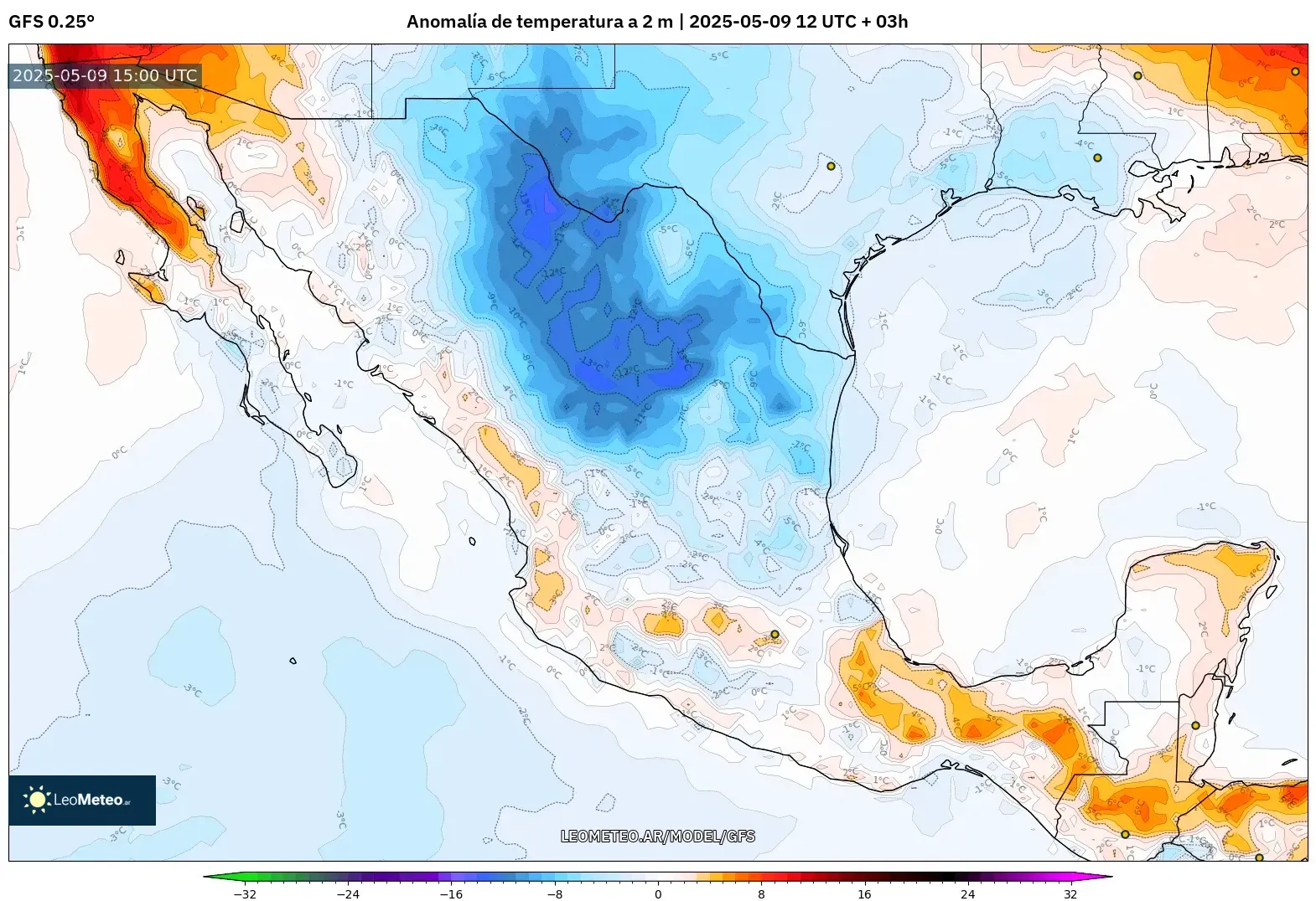 GFS - México, Anomalía de temperatura a 2 m GFS - México, Anomalía de temperatura a 2 m