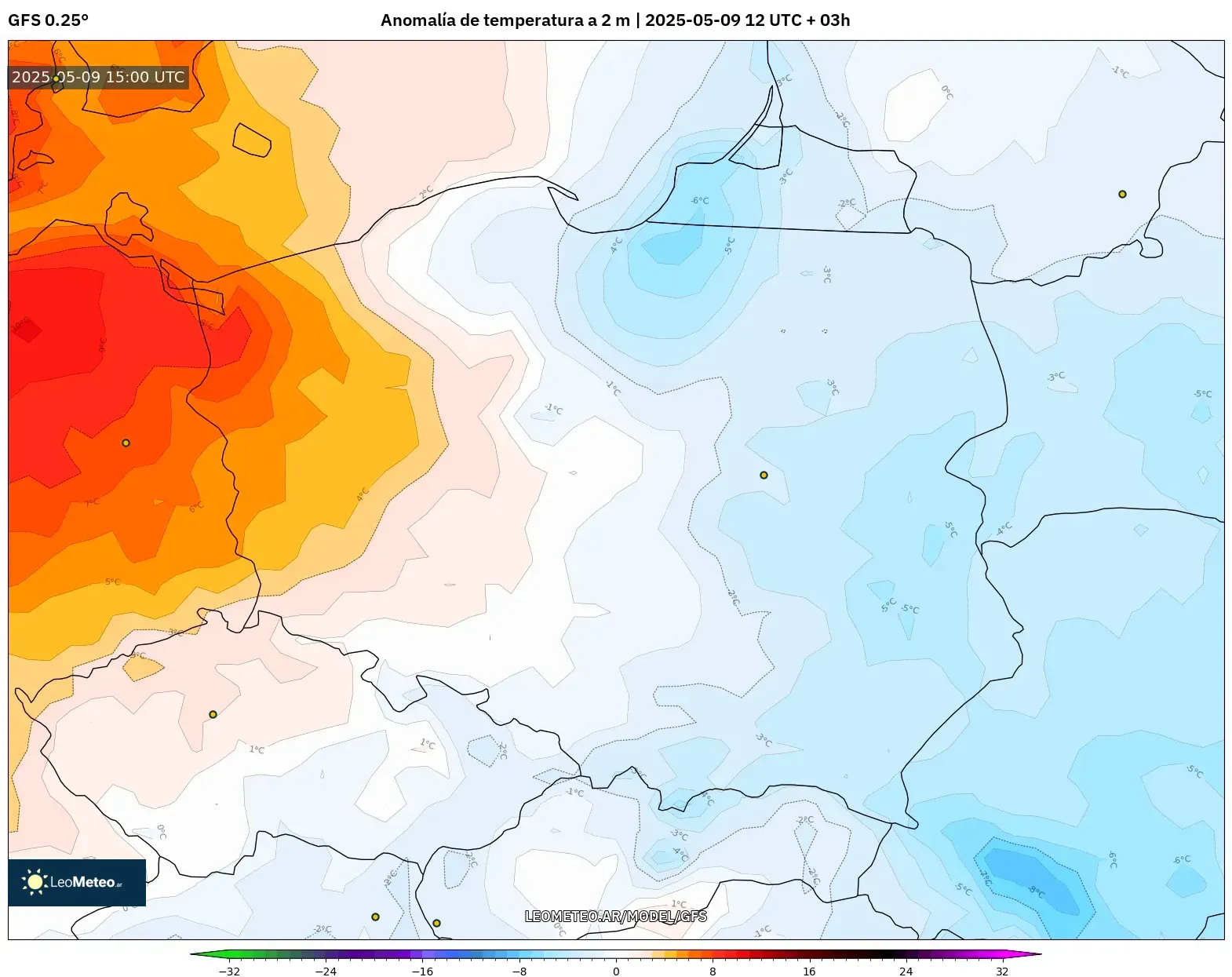GFS - Polonia, Anomalía de temperatura a 2 m GFS - Polonia, Anomalía de temperatura a 2 m