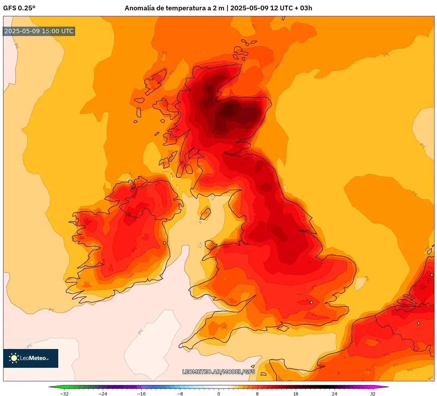 GFS - Reino Unido, Anomalía de temperatura a 2 m GFS - Reino Unido, Anomalía de temperatura a 2 m