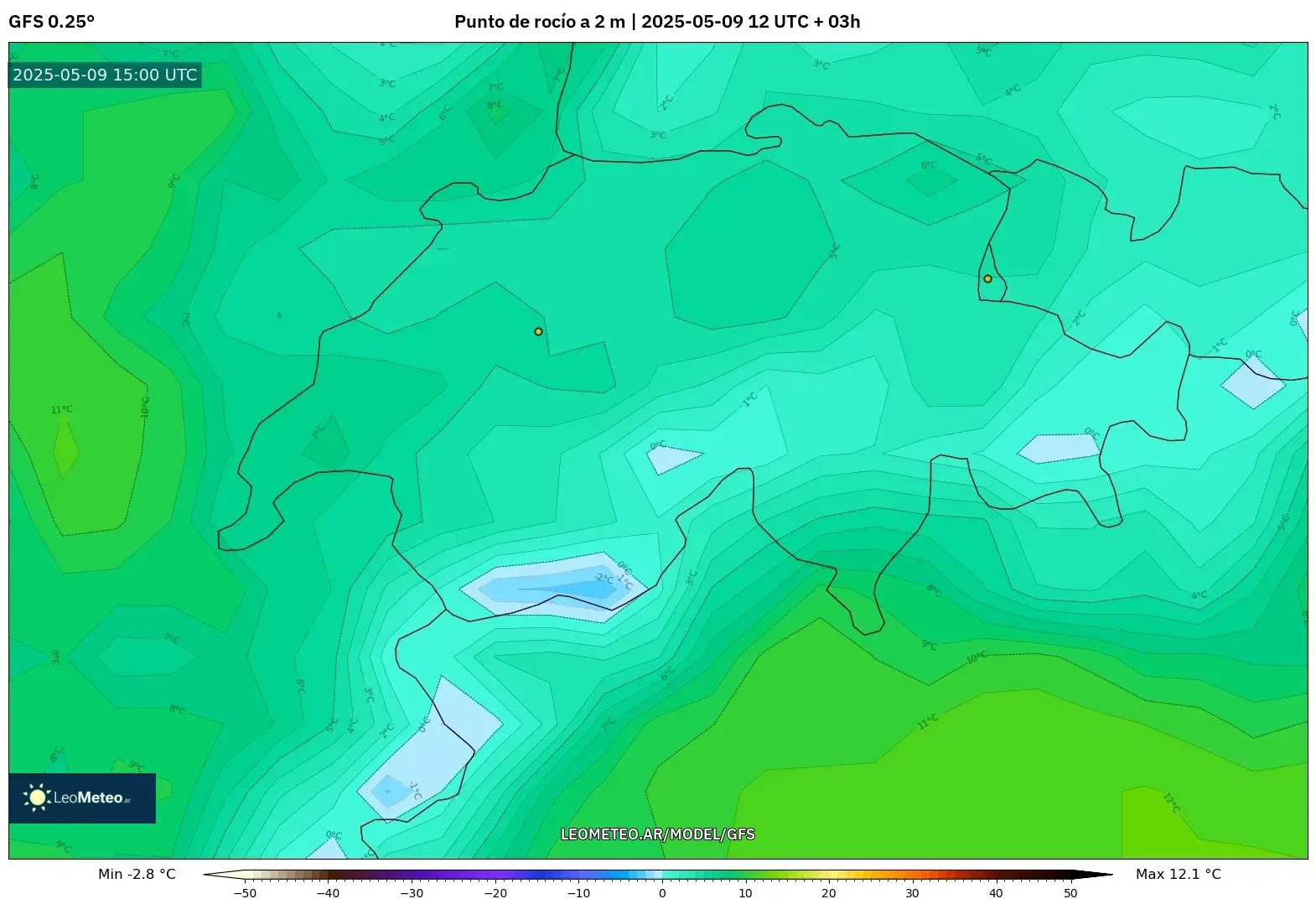 GFS - Suiza, Punto de rocío a 2 m GFS - Suiza, Punto de rocío a 2 m