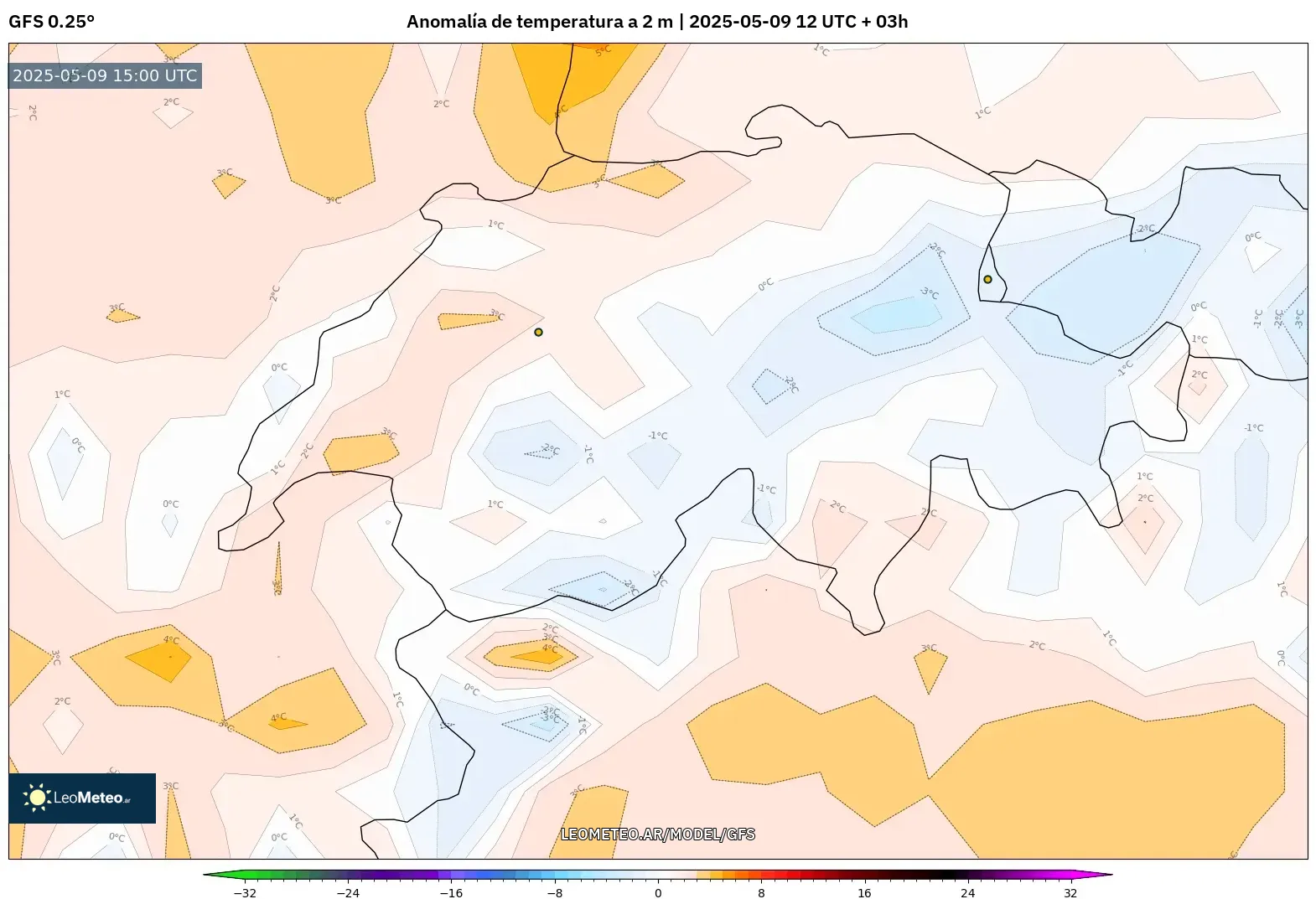GFS - Suiza, Anomalía de temperatura a 2 m GFS - Suiza, Anomalía de temperatura a 2 m