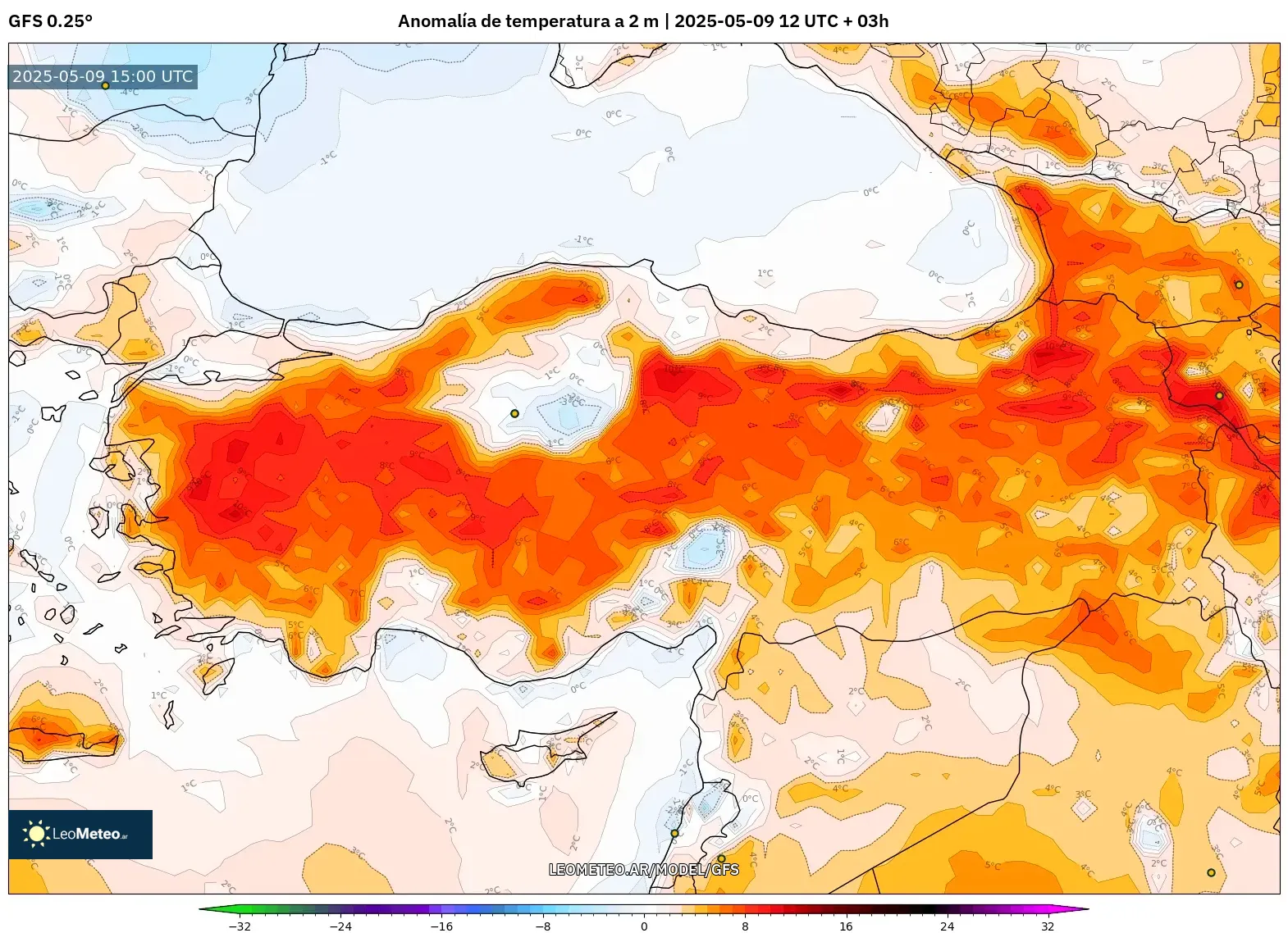 GFS - Turquía, Anomalía de temperatura a 2 m GFS - Turquía, Anomalía de temperatura a 2 m