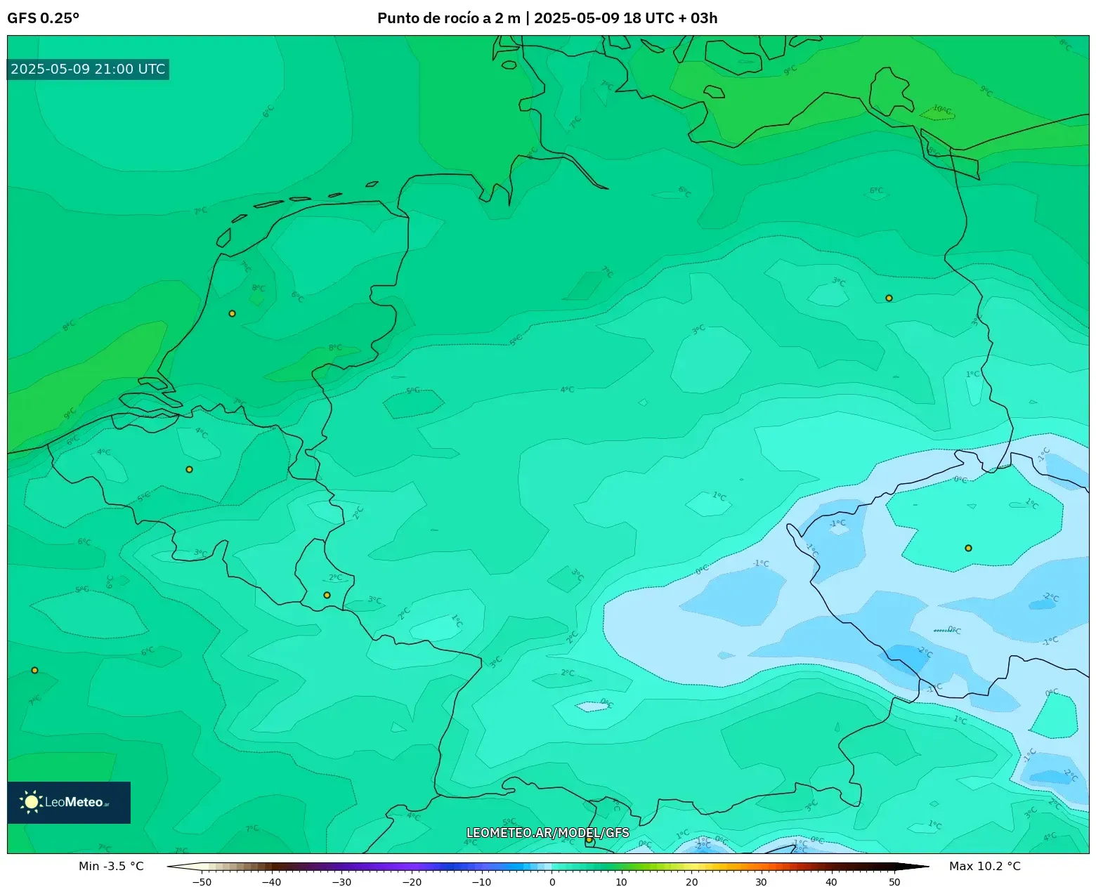 GFS - Alemania, Punto de rocío a 2 m GFS - Alemania, Punto de rocío a 2 m