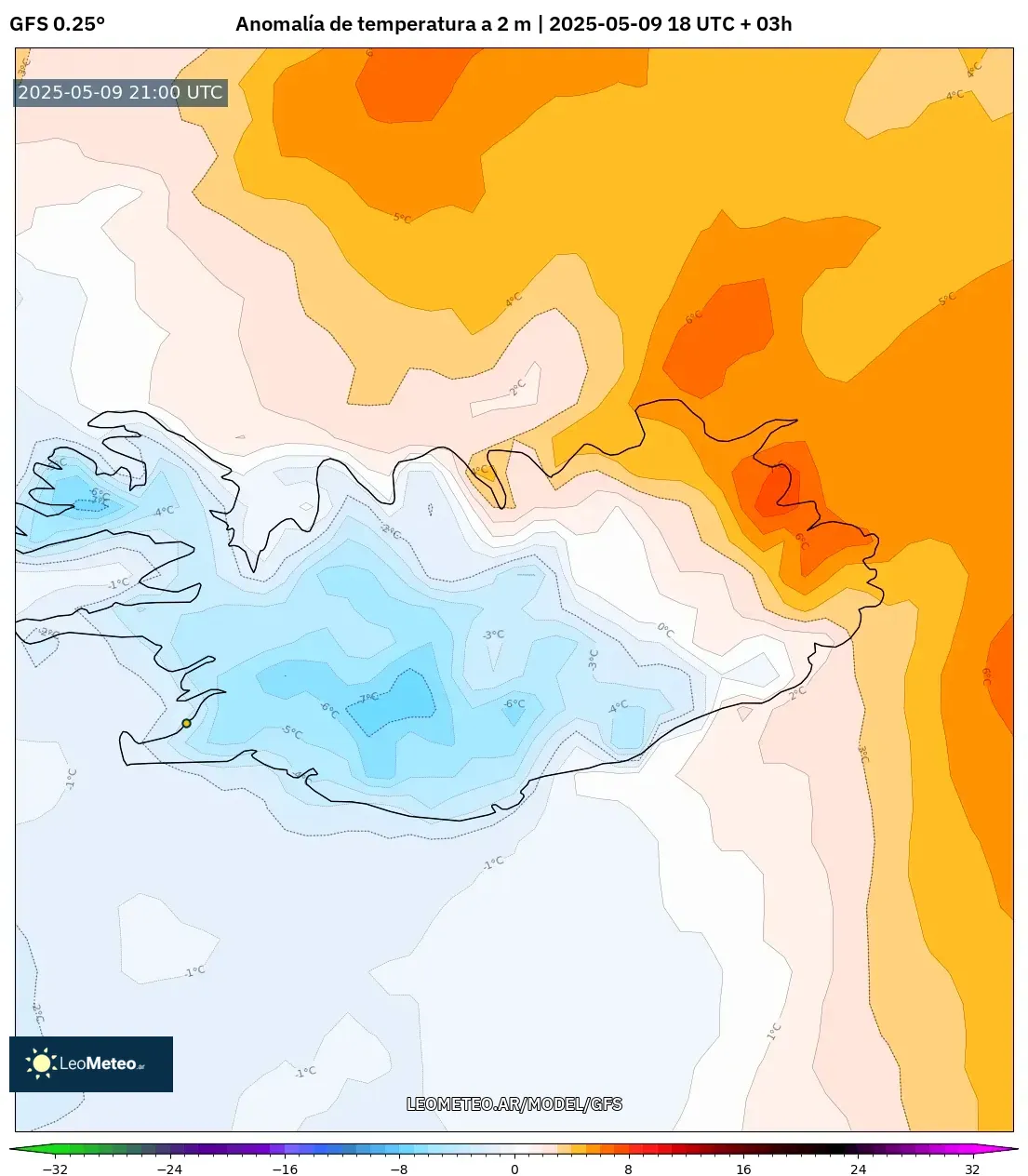 GFS - Argentina, Anomalía de temperatura a 2 m GFS - Argentina, Anomalía de temperatura a 2 m