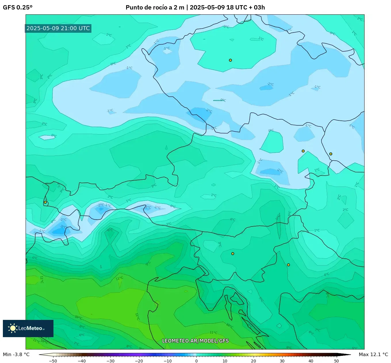 GFS - Austria, Punto de rocío a 2 m GFS - Austria, Punto de rocío a 2 m