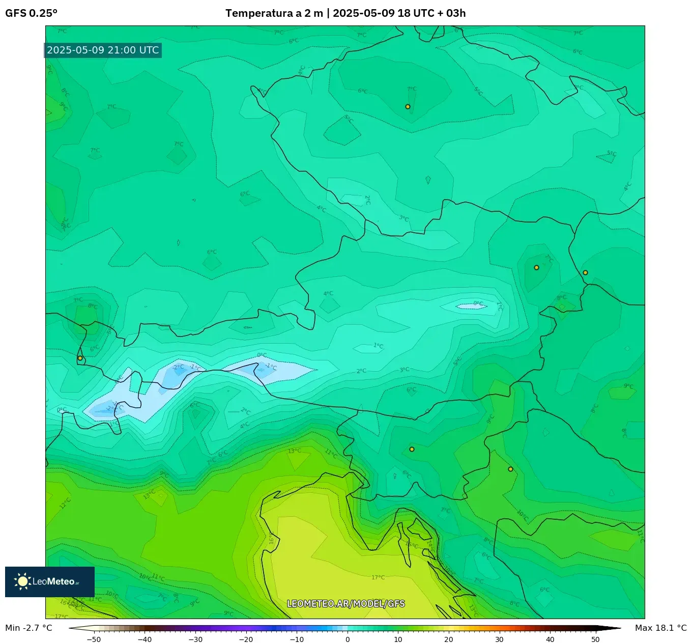 GFS - Austria, Temperatura a 2 m GFS - Austria, Temperatura a 2 m