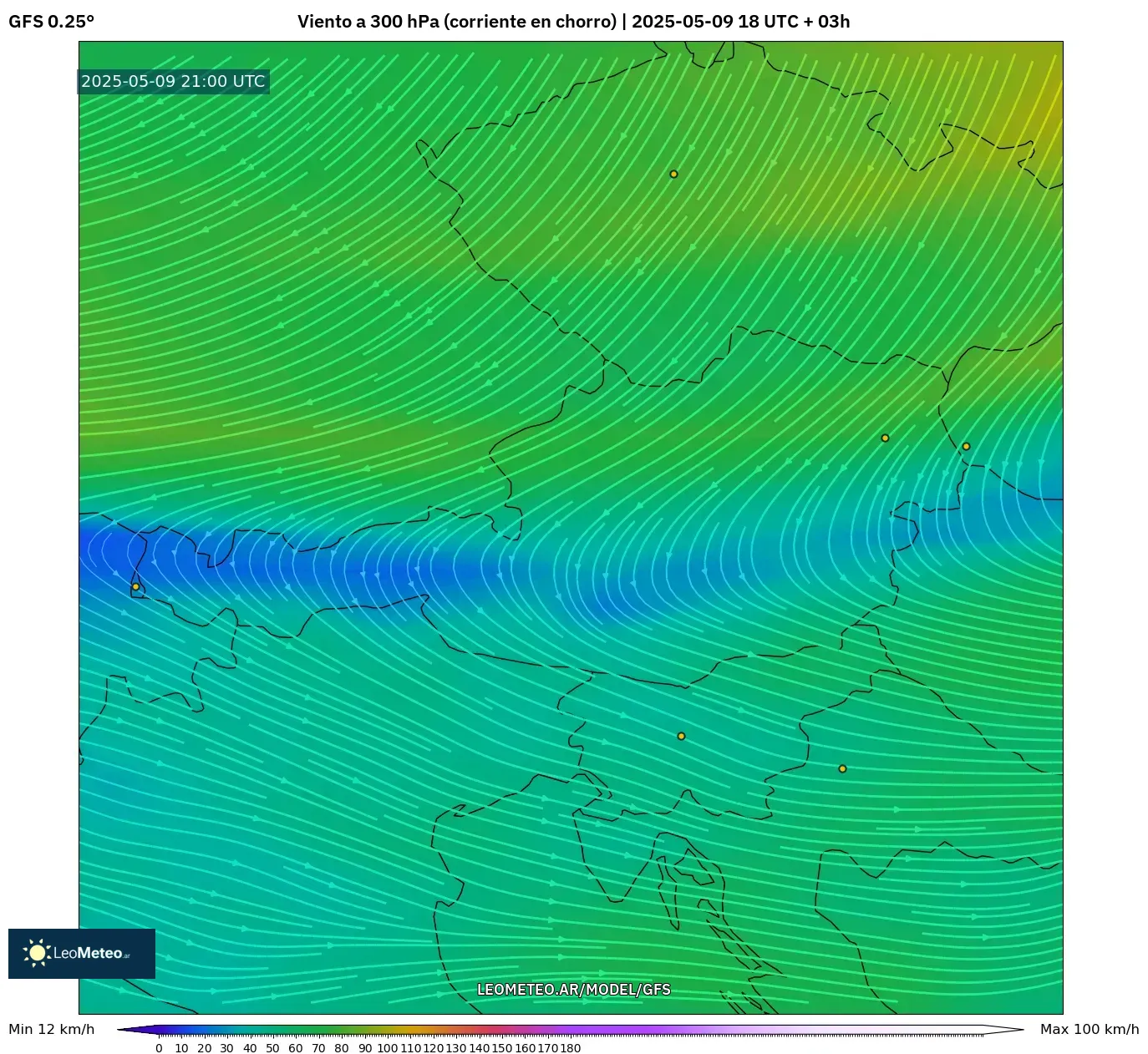 GFS - Austria, Viento a 300 hPa (corriente en chorro) GFS - Austria, Viento a 300 hPa (corriente en chorro)
