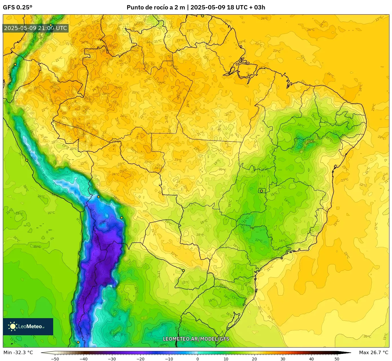 GFS - Brasil, Punto de rocío a 2 m GFS - Brasil, Punto de rocío a 2 m