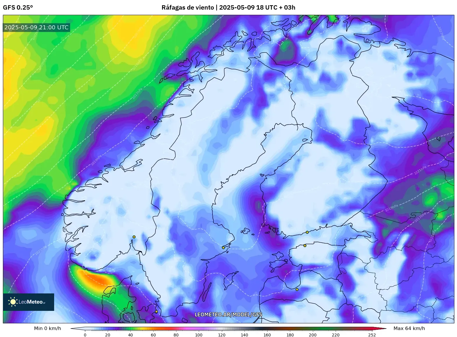 GFS - Escandinavia, Ráfagas de viento GFS - Escandinavia, Ráfagas de viento