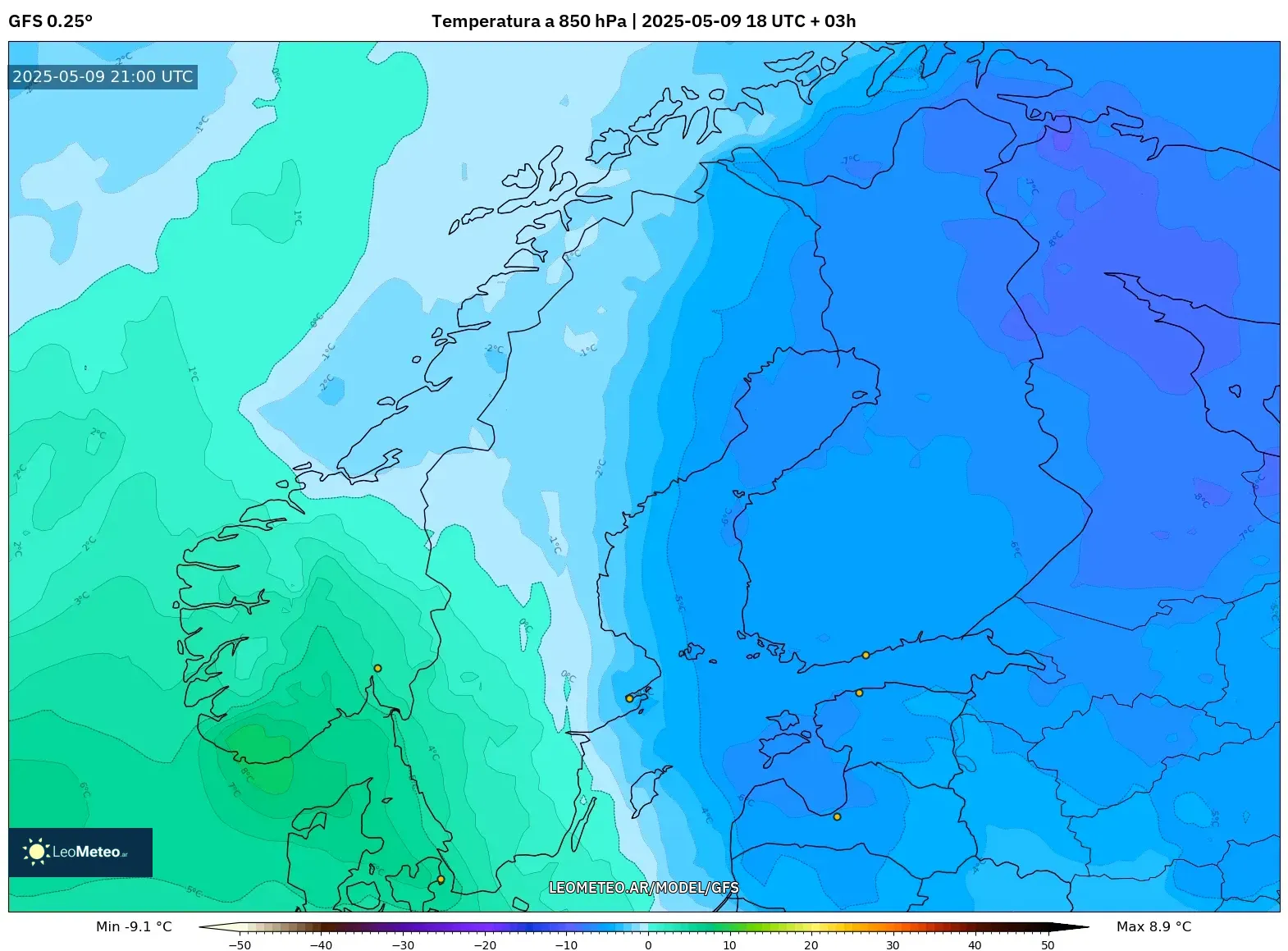 GFS - Escandinavia, Temperatura a 850 hPa GFS - Escandinavia, Temperatura a 850 hPa